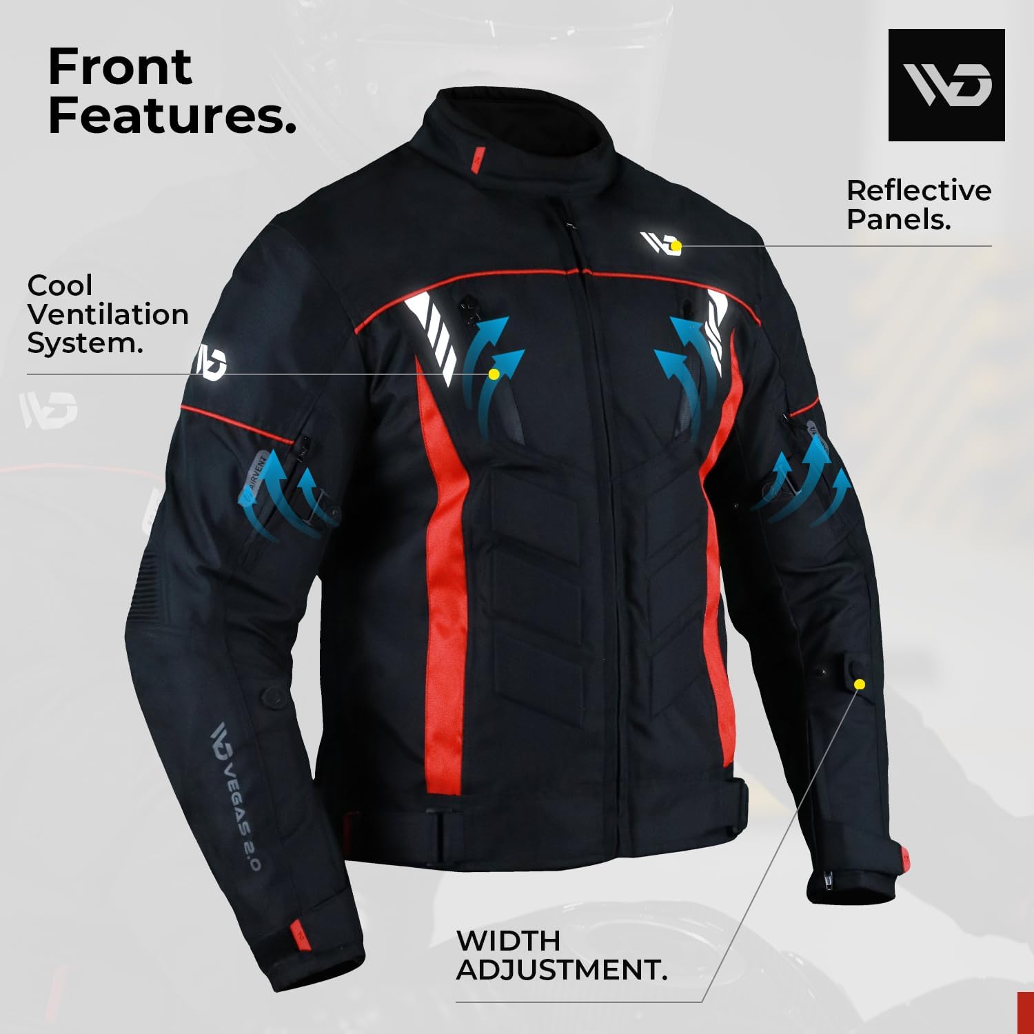 WD Men's CE Armored Motorcycle Jacket - Breathable Cordura Fabric with Padding & Reflective Strips for Night Visibility - Vegas 2.0 Powersports Protective Gear (Red, 4XL) - Ideal for Street Riding, Commuting & Adventure Tours