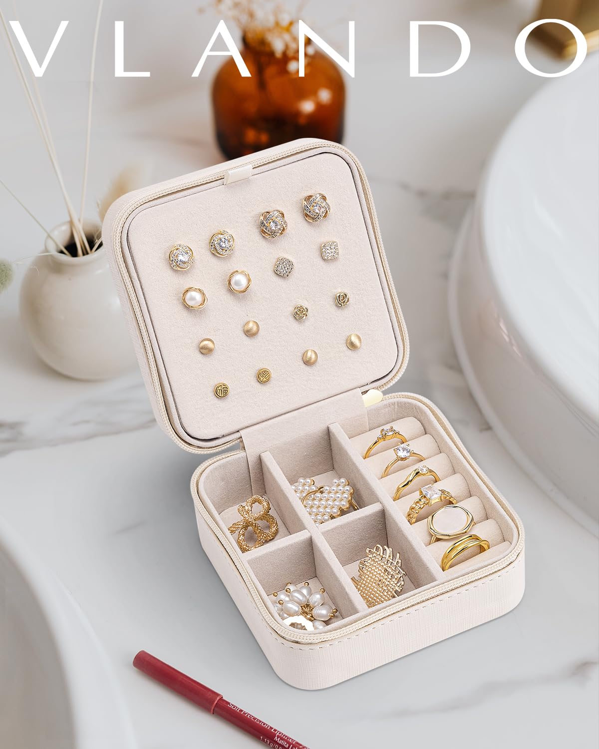 Vlando Travel Jewelry Organizer Box - Compact Jewelry Case for Women & Girls, Portable Jewelry Storage for Necklaces, Rings & Earrings - Perfect for Vacation, Business Trips & Daily Use - White