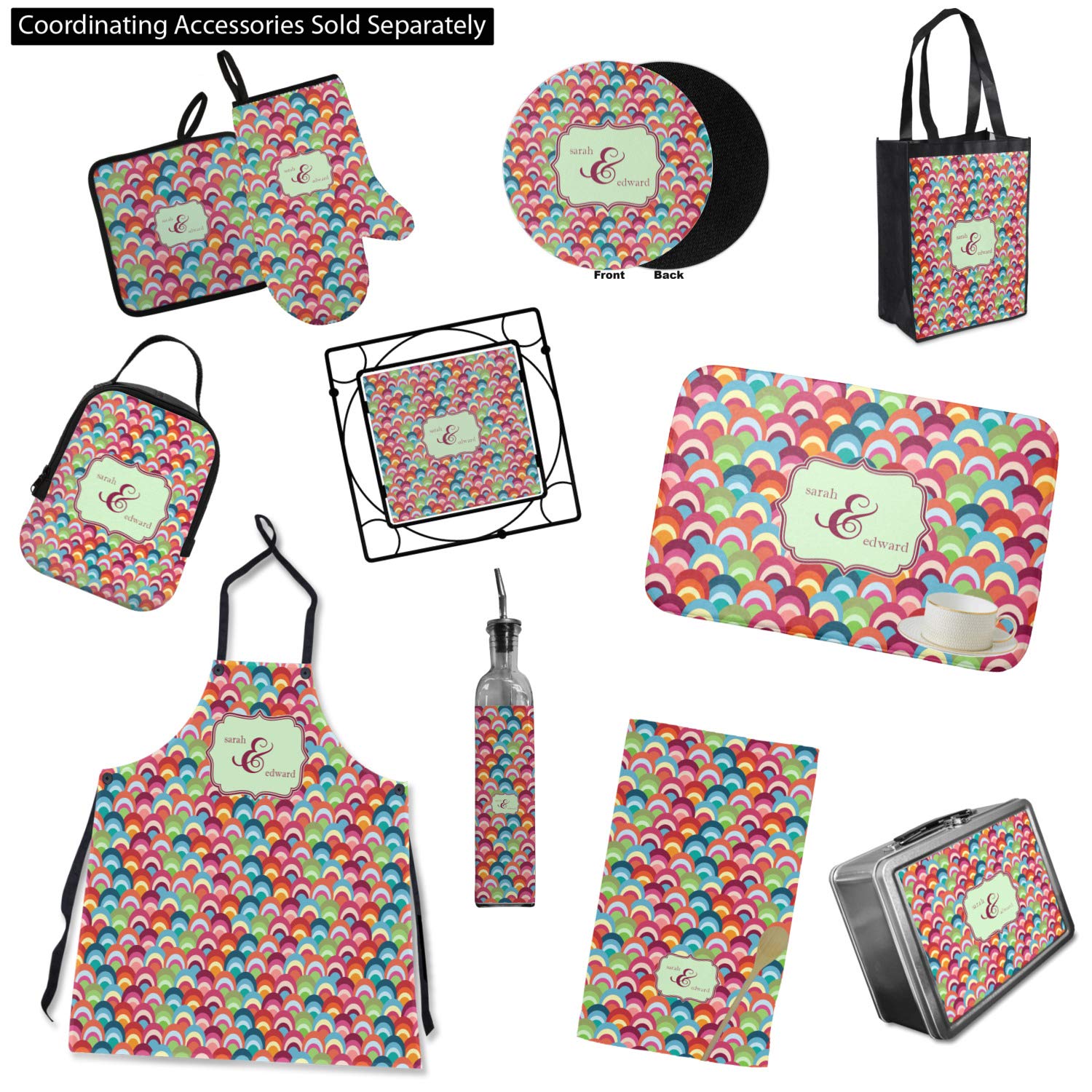 Personalized Retro Fishscale Oven Mitt and Pot Holder Set with Couples' Names - Perfect for Kitchen Cooking, Baking, and Gift Giving