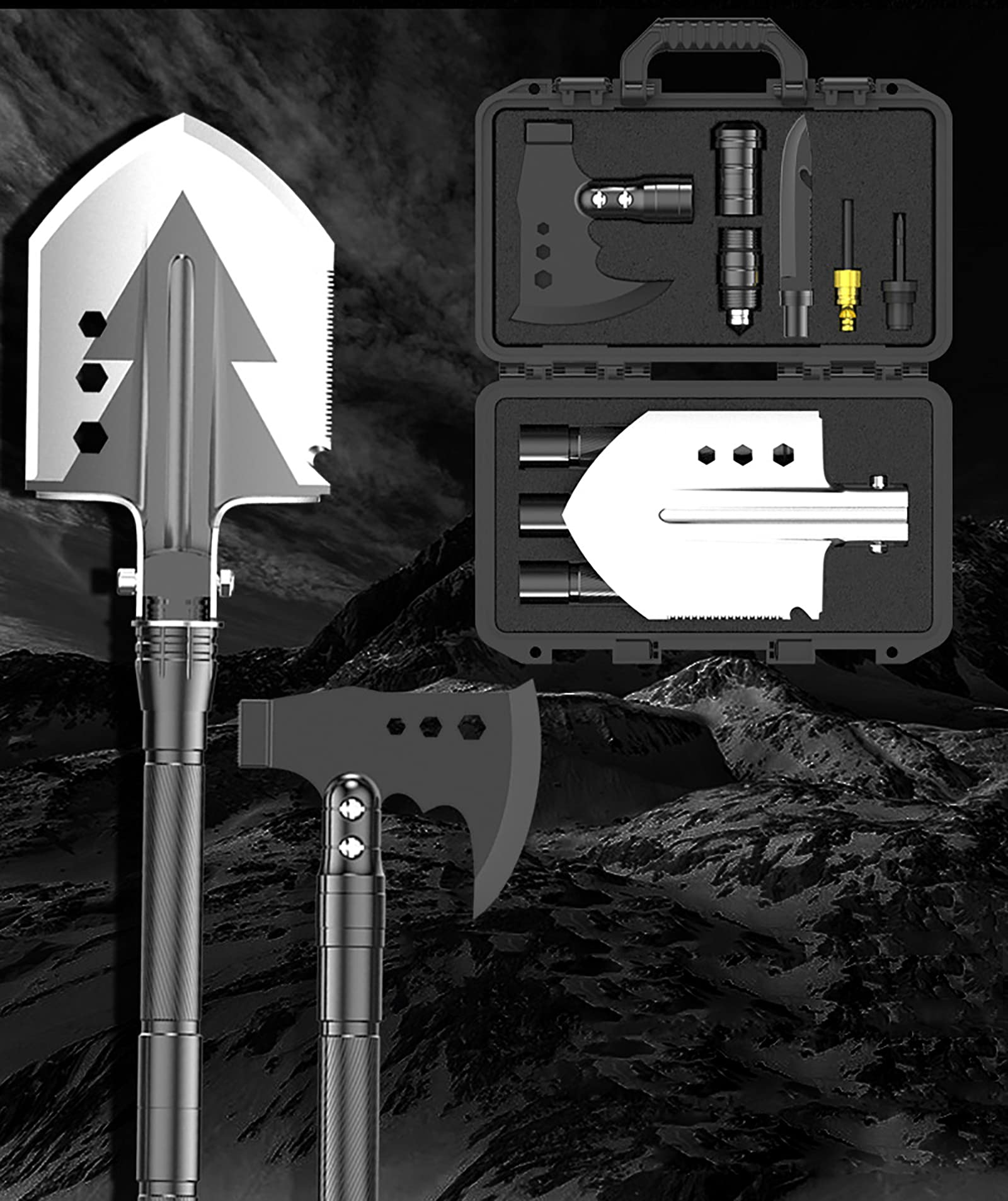 Multifunctional Folding Camping Shovel & Survival Axe Tool Set - High Carbon Stainless Steel Shovelhead with Storage Pouch - Perfect for Outdoor Adventures, Camping, Hiking, Cycling & Emergency Preparedness