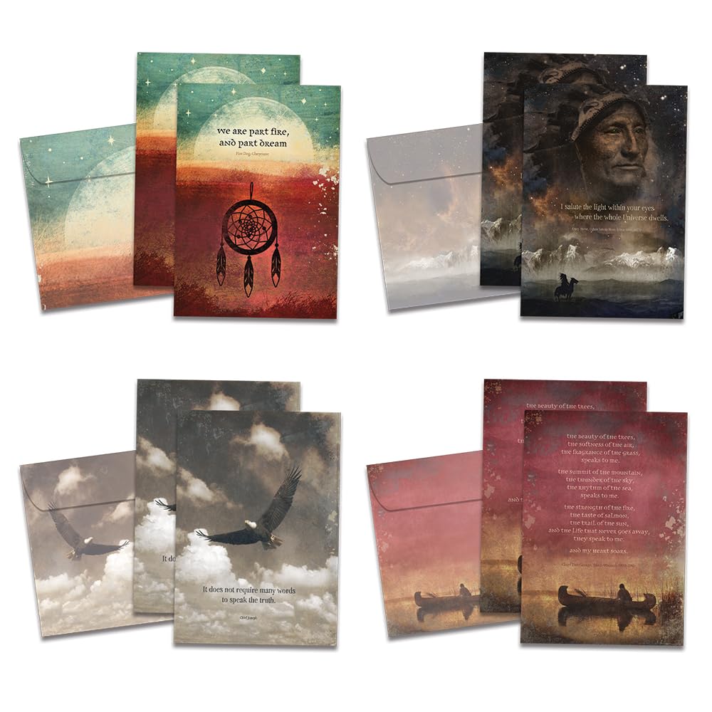 Eco-Friendly All Occasion Greeting Cards Set - 8 Handcrafted Recycled Paper Cards with Envelopes - 5x7 Inches - Native American Wisdom Inspired Designs - Made in USA - Perfect for Birthdays, Anniversaries & Holidays (GA31433)