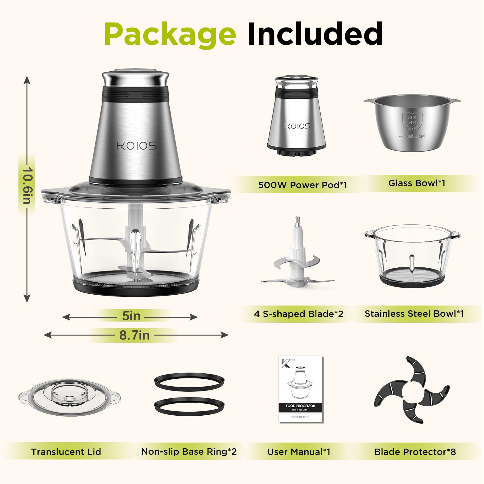 KOIOS 500W Electric Food Chopper - 2 Stainless Steel Bowls (8 Cup+8 Cup) & Dual Blades - Powerful Meat Grinder for Nuts, Onions, Garlic - Perfect for Baby Food Prep, Meal Prep & Kitchen Use - Black (Ideal for Home Cooking, Smoothies & Food Processing)