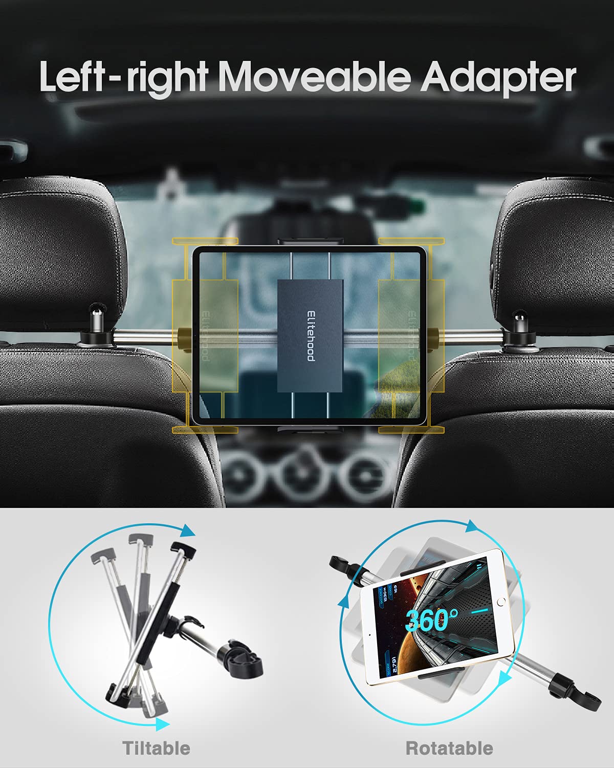 Elitehood Adjustable Aluminum Car iPad Holder - Universal Back Seat Tablet Mount for iPad Mini/Air/Pro 12.9