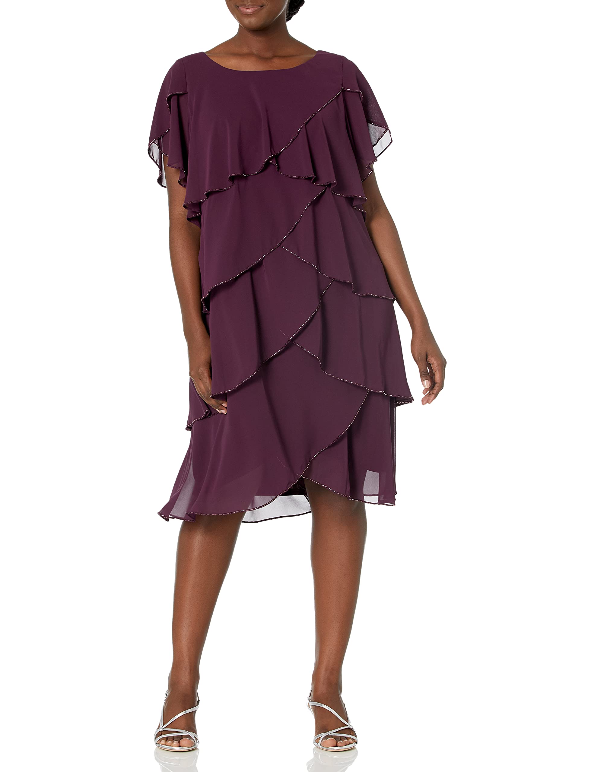 Women's Plus Size Capelet Tier Dress with Beaded Detail - Elegant Flowy Maxi Dress for Special Occasions & Evening Events | S.L. Fashions