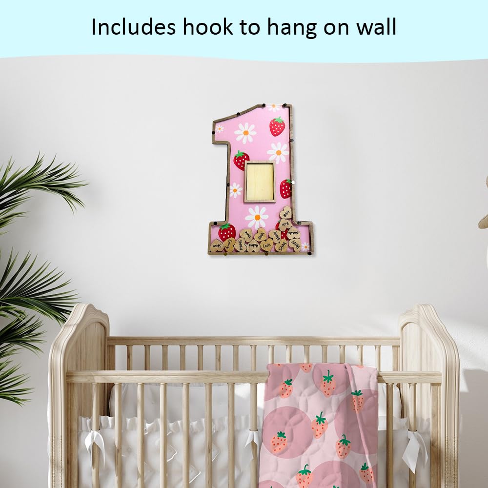 Berry First Birthday Decorations - 1st Birthday Photo Frame & Guest Book Alternative - Strawberry Themed Sweet One Centerpiece Keepsake for Baby's Milestone Celebration - Perfect for Nursery Decor, Birthday Parties & Photo Displays