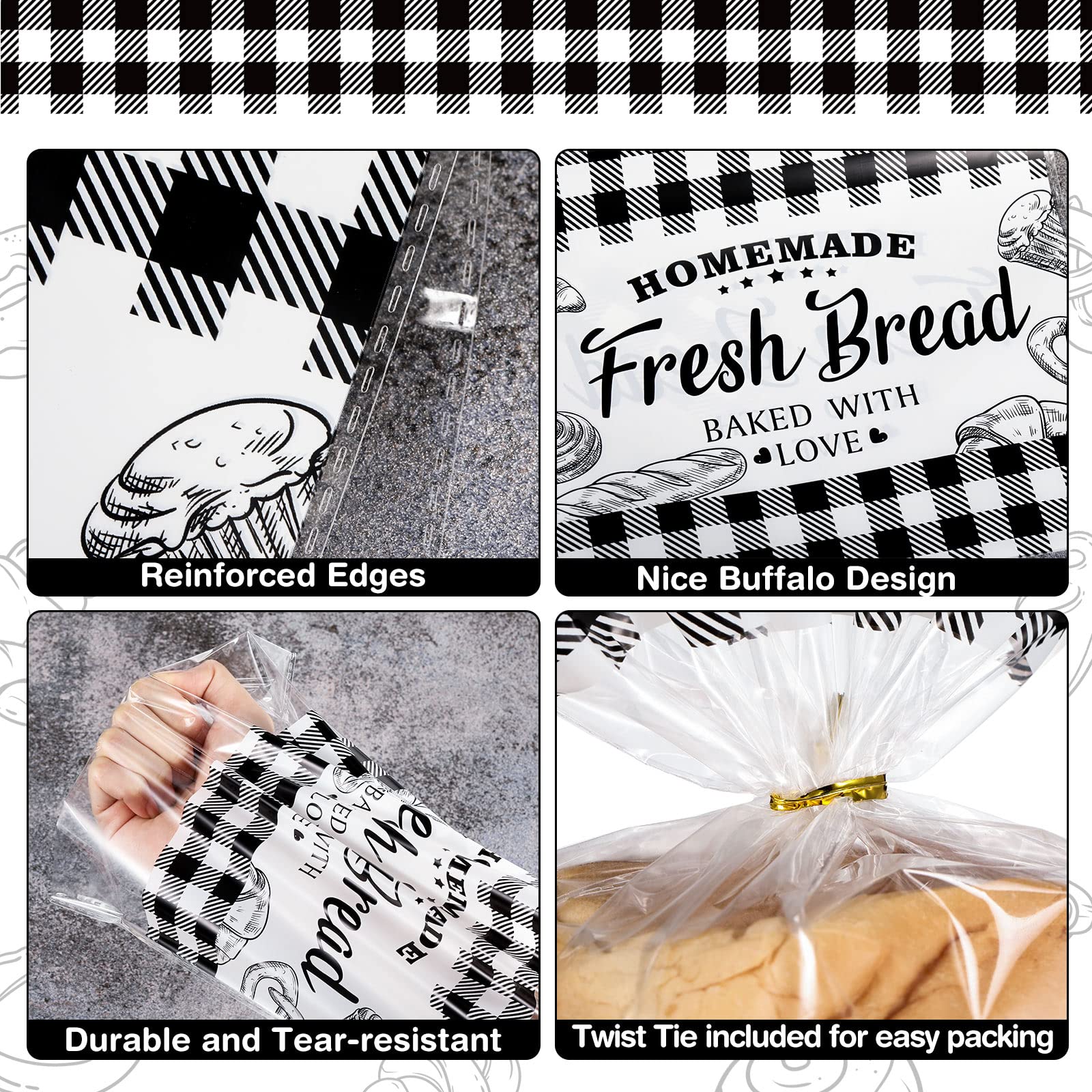 100 Pack Clear Plastic Bread Bags with Twist Ties - Buffalo Plaid Design for Homemade Bread, Cookies, Rolls - Perfect for Home Bakers & Bakeries | Christmas Baking, Gift Packaging, Food Storage