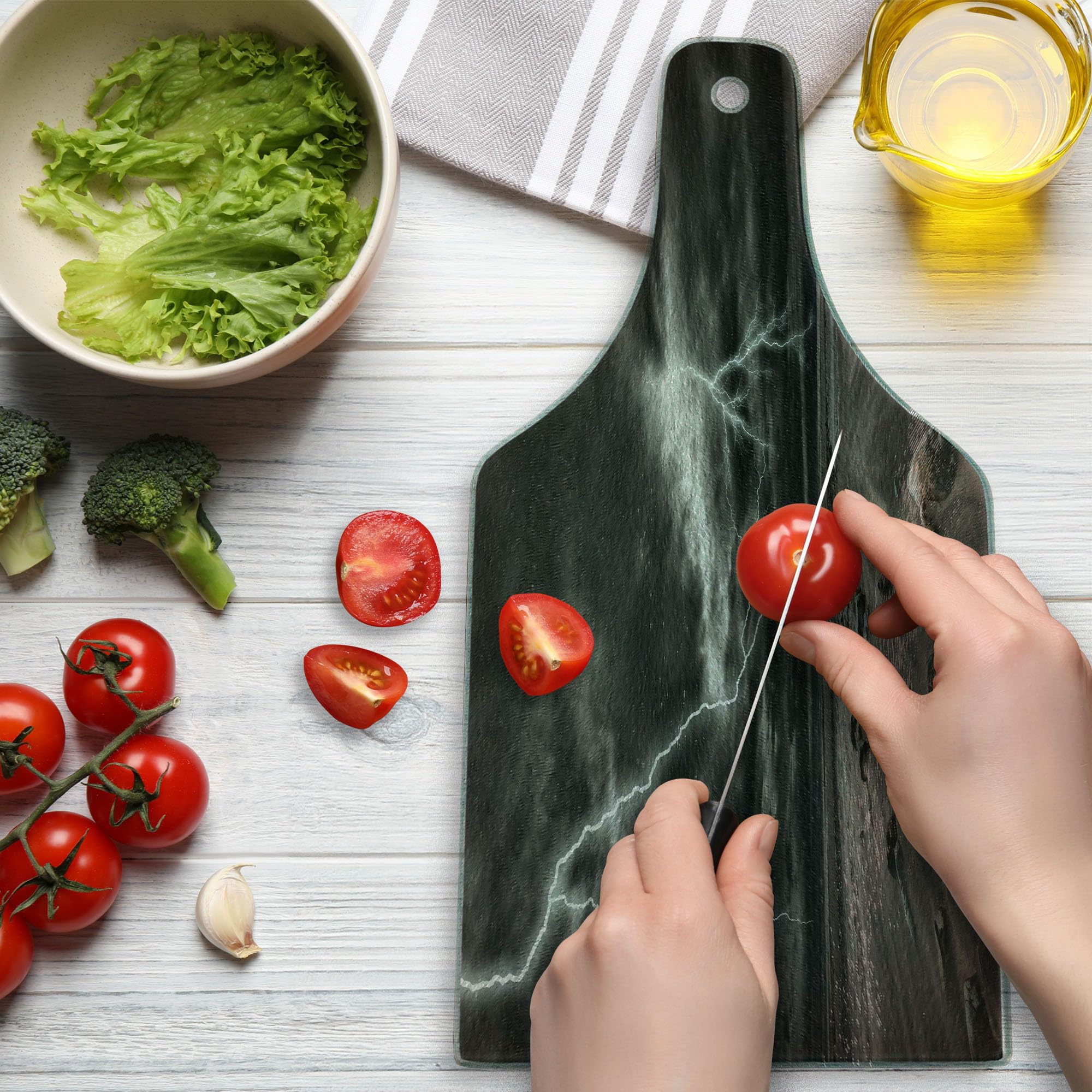 Ambesonne Thunderstorm Beach Tempered Glass Cutting Board - Wine Bottle Shape, Grey Brown - Durable Decorative Serving Board for Kitchen, Dining & Entertaining