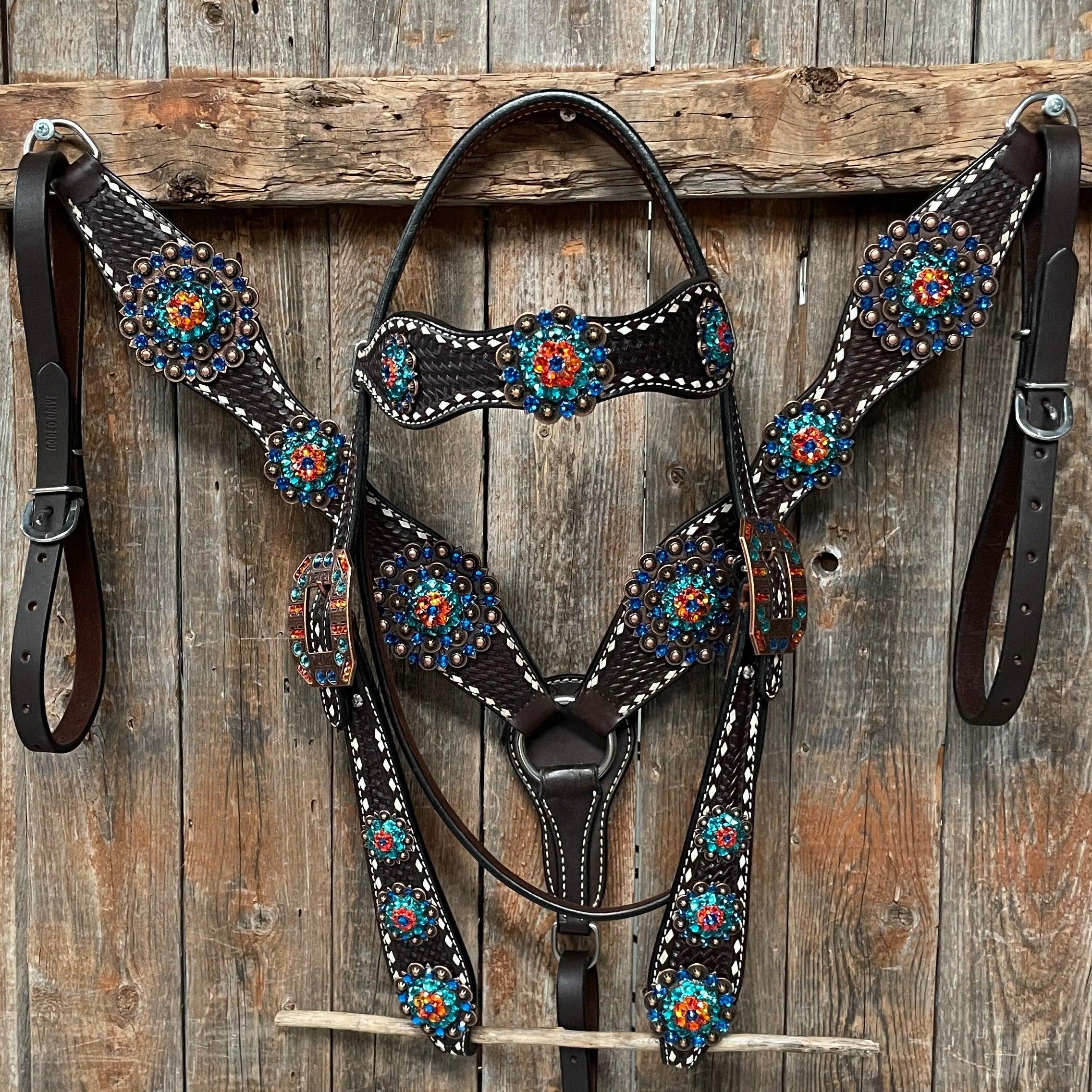 Dark Oil Buckstitch Capri Horse Tack Set with Fire Opal & Teal Browband - One Ear & Wither Strap | Perfect for Western Riding, Show Competitions & Trail Riding #BBBC471
