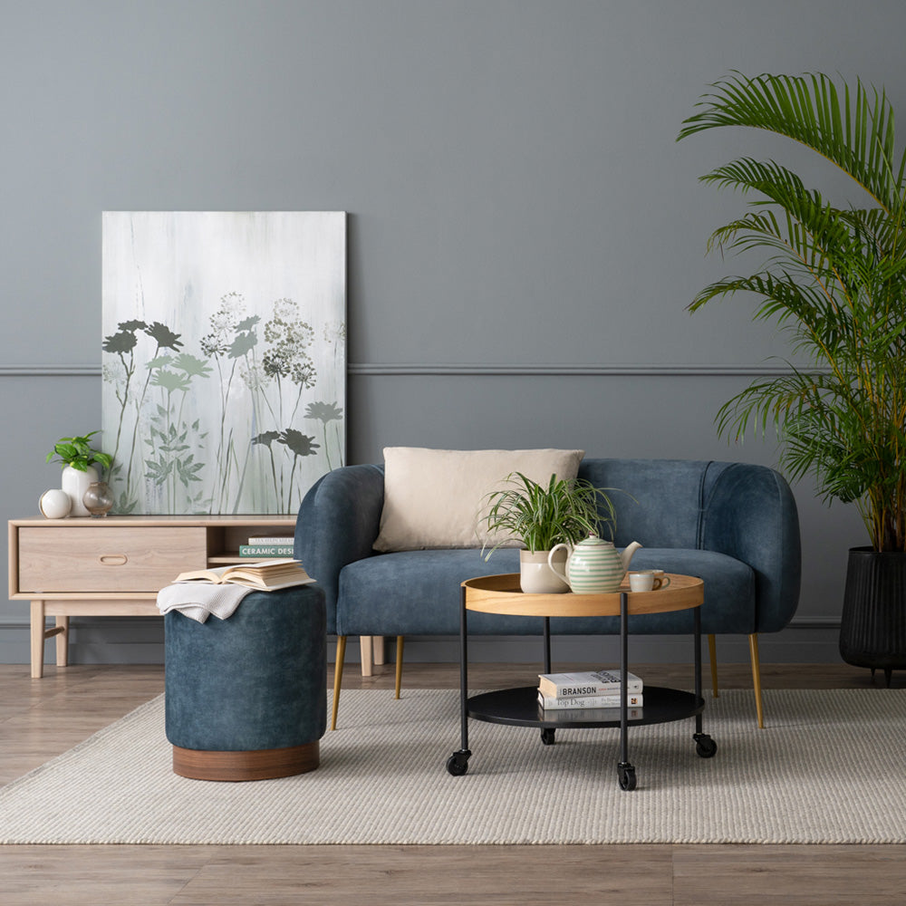 AURA 37.5cm Ottoman Stool with Sapphire Blue Upholstery and Walnut Wood Legs - Perfect for Living Room, Bedroom, or Entryway Seating