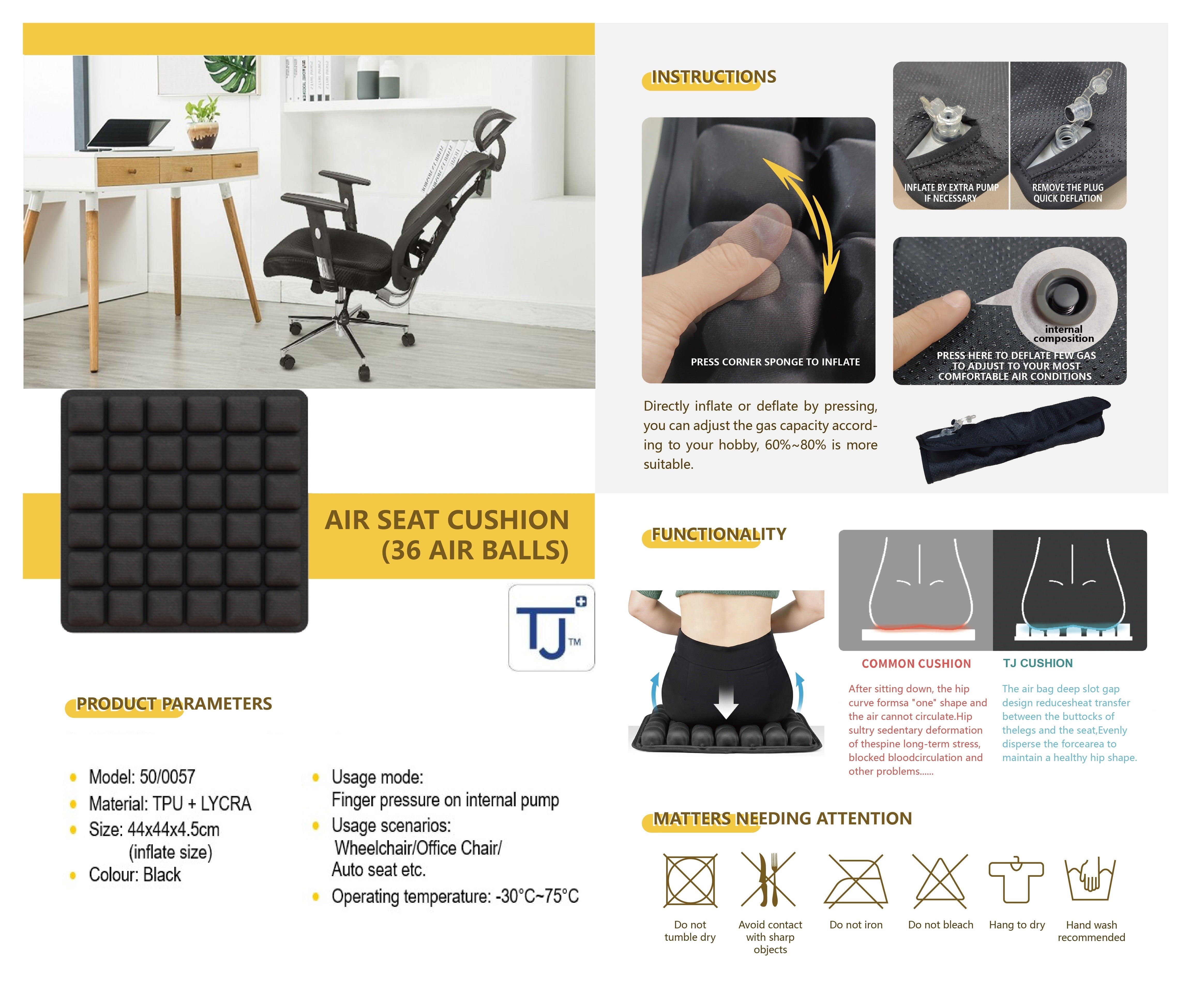 TJ 36 Air Cell Cushion - Premium Orthopedic Seat Cushion for Office Chair, Car & Wheelchair - Pressure Relief for Back Pain & Sciatica - Ideal for Home, Work & Travel Use