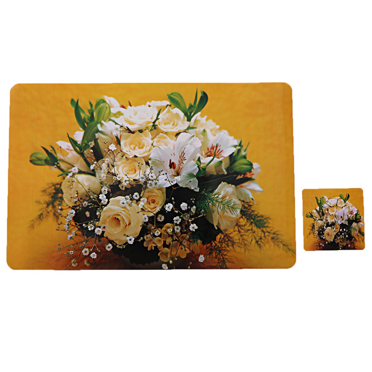 Kuber Industries 6-Piece PVC Dining Table Placemat Set with Tea Coasters - Waterproof, Non-Slip, Yellow Polyvinyl Chloride Placemats for Kitchen, Dining Room, and Party Decor