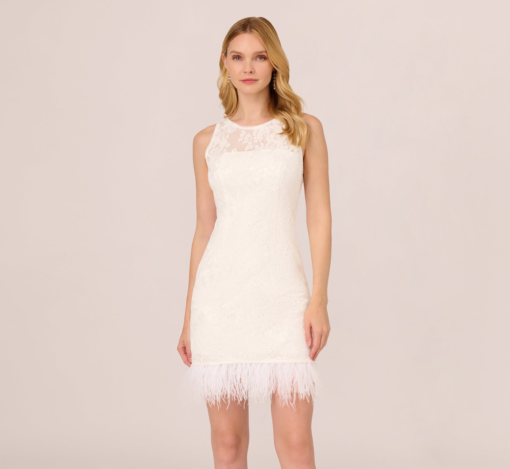 Ivory Sleeveless Floral Lace Dress with Feather Trim - Elegant Summer Cocktail Party & Wedding Guest Dress