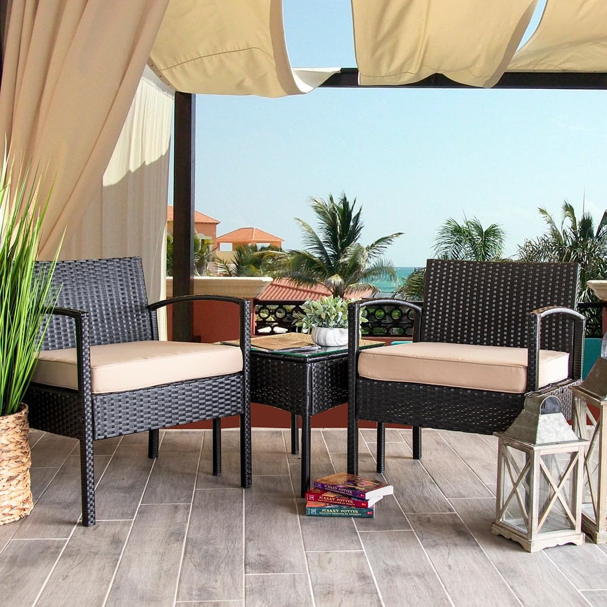 3-Piece Black Wicker Rattan Bistro Set with Glass Table - Modern Outdoor Patio Furniture for Conversation & Dining - Perfect for Garden, Balcony, and Backyard Relaxation