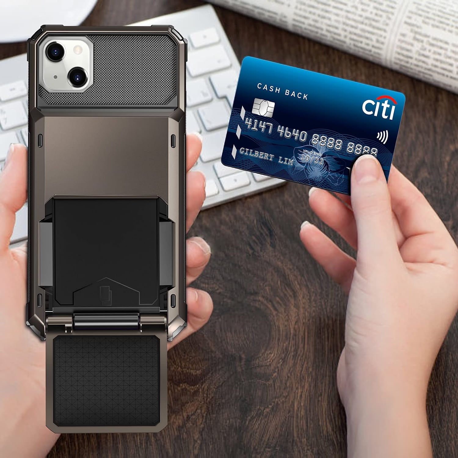 Premium iPhone 14 Plus Case with Hidden Card Slot (6.7 Inch) - Gun Metal Finish | Slim Protective Cover with Wallet Function for Daily Commute & Travel