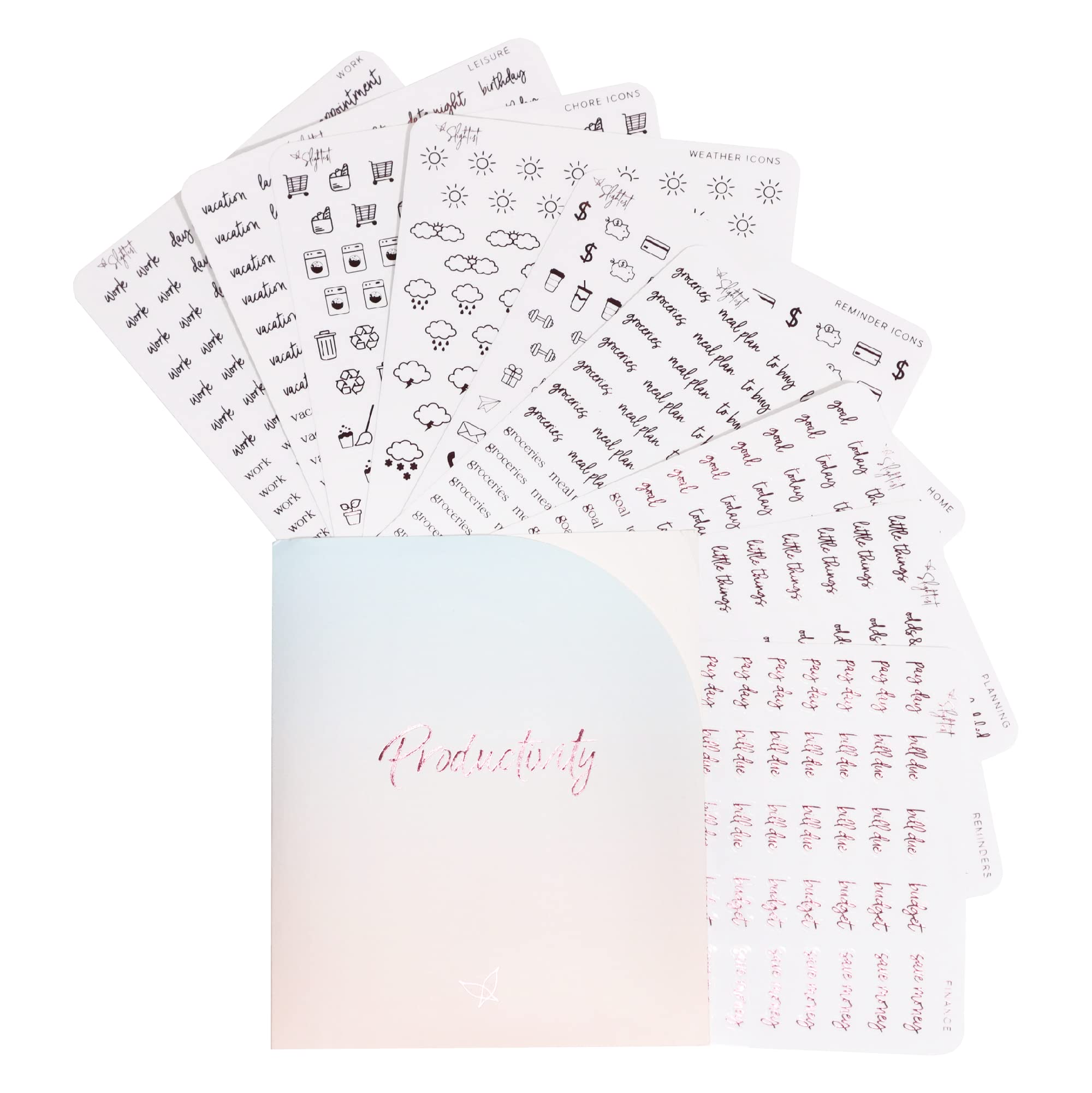 Clear Medium Pink Foil Planner Stickers Set - 600+ Productivity Stickers with Functional Icons & Words - Includes Storage Folder - Minimalist Cherry Soda Design - Perfect for Bullet Journals, Planners, Scrapbooks & DIY Projects