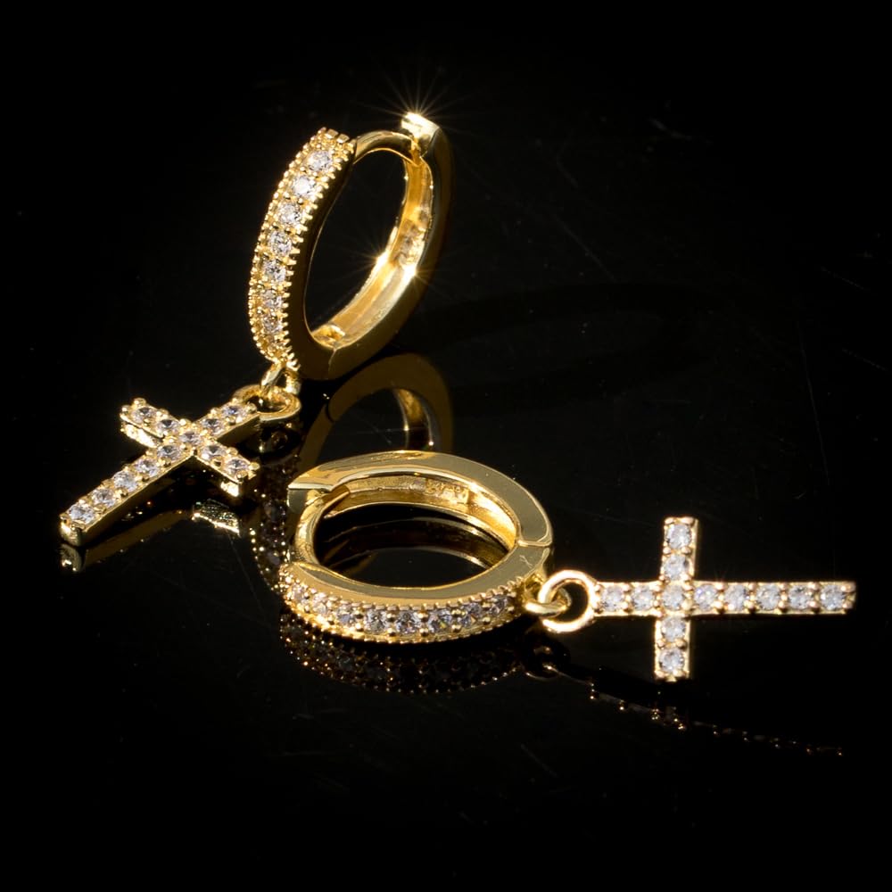 14K Yellow Gold Plated 925 Sterling Silver Cubic Zirconia Cross Hoop Earrings for Men & Women - Lightweight Dainty Dangle Huggie Hoops - Perfect for Daily Wear, Gift Giving, and Special Occasions