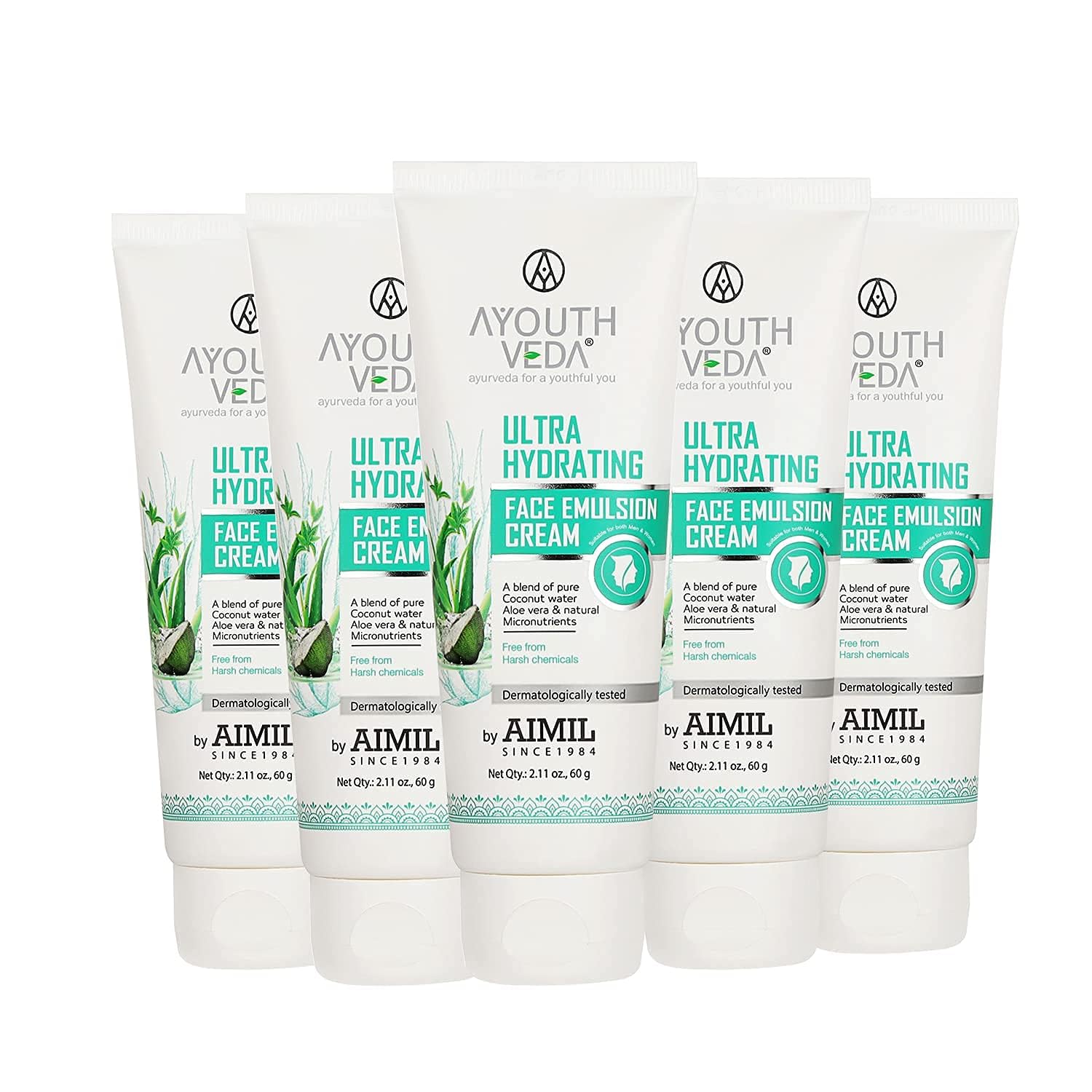Nutraniux Vnz Ultra Hydrating Face Emulsion Cream with Coconut Water, Aloe Vera & Green Tea - Long Lasting Moisturizer for Dry Skin, Reduces Dark Spots & Blemishes | Pack of 5 (60g Each) | Perfect for Daily Skincare Routine & Nighttime Hydration