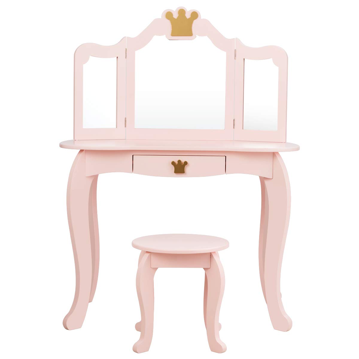 COSTWAY 2-in-1 Wooden Makeup Vanity Table with Stool & 3-Section Mirror, 80x42x105cm Kids Dressing Table with Drawer for Girls Age 3+ (Pink) - Perfect for Bedroom, Playroom & Birthday Gifts
