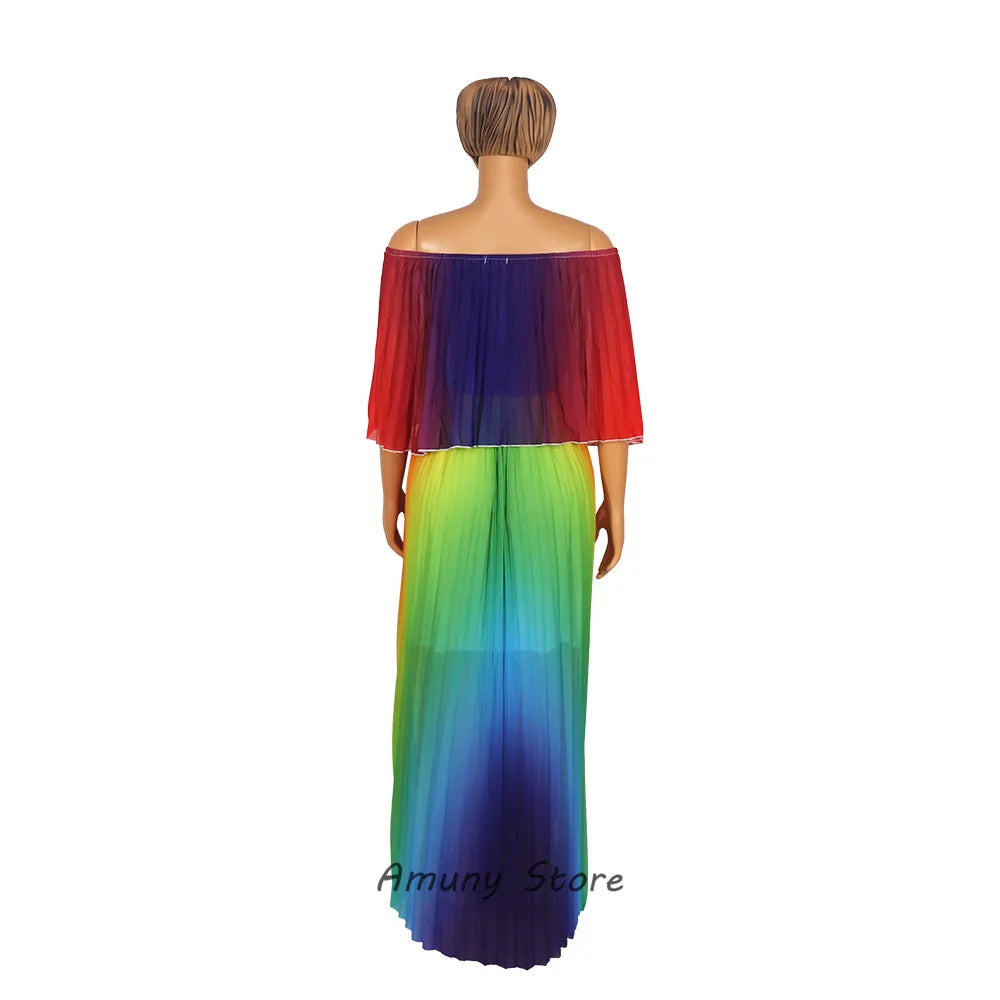 African Print Maxi Dress for Women - Off Shoulder Loose Fit Plus Size Rainbow Pleated Long Dress - Perfect for Beach, Vacation, and Summer Parties