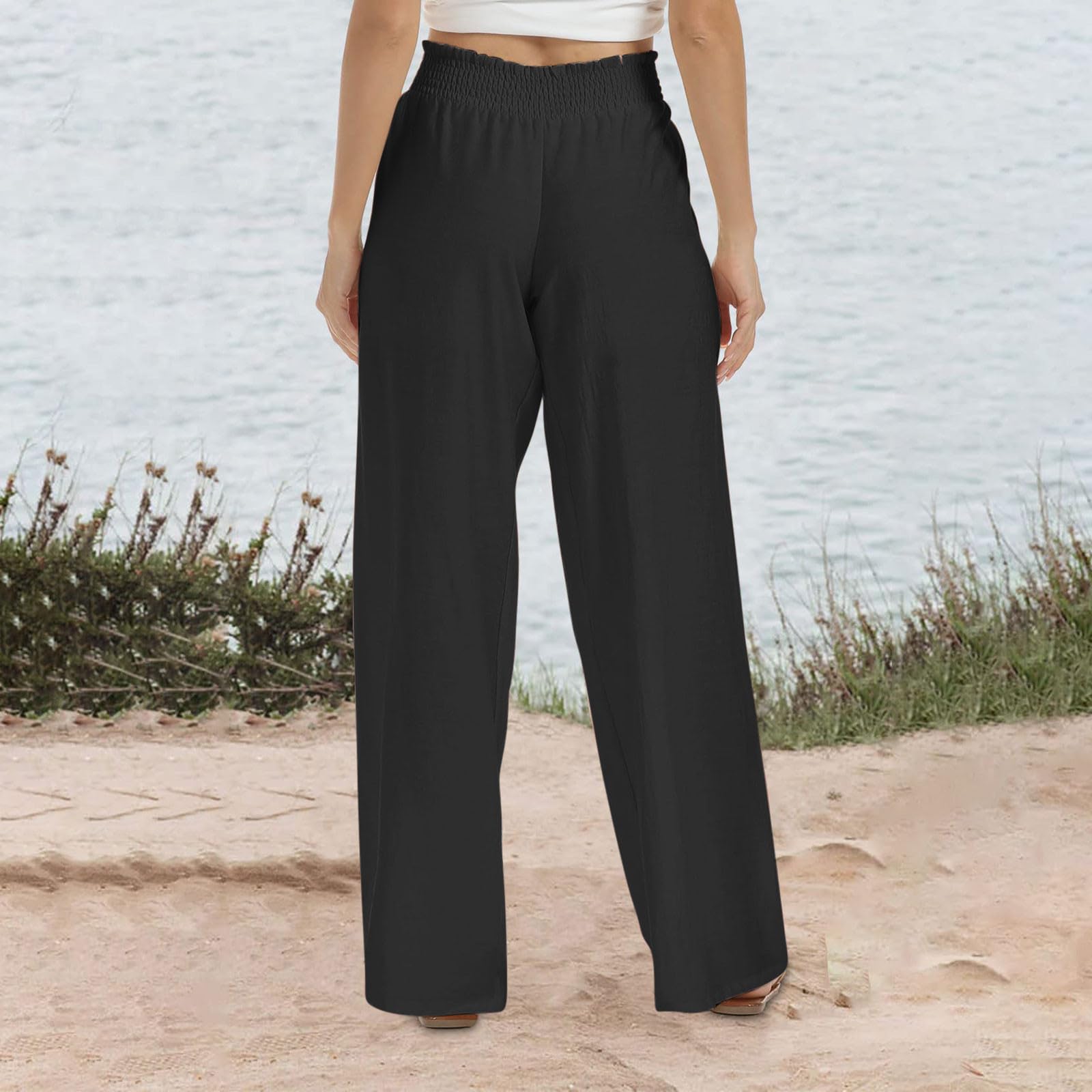 DOLKFU Women's High Waisted Casual Palazzo Pants - Elastic Drawstring Lightweight Cotton Linen Pants for Summer, Travel & Lounge Wear