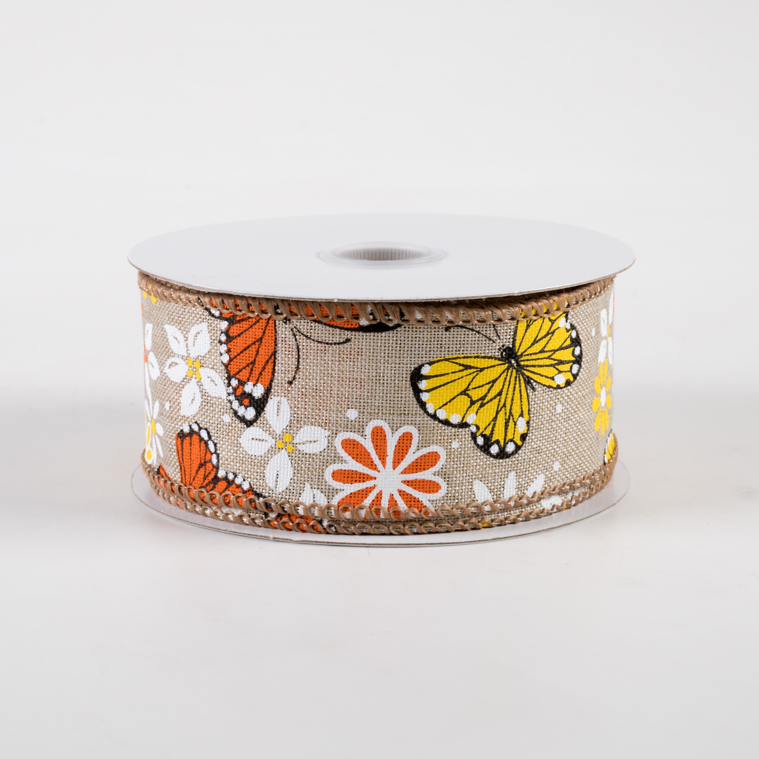 1.5 Inch Butterflies & Flowers Linen Ribbon - Natural Color Craft Ribbon (10 Yards) for DIY Scrapbooking, Gift Wrapping & Wedding Decorations