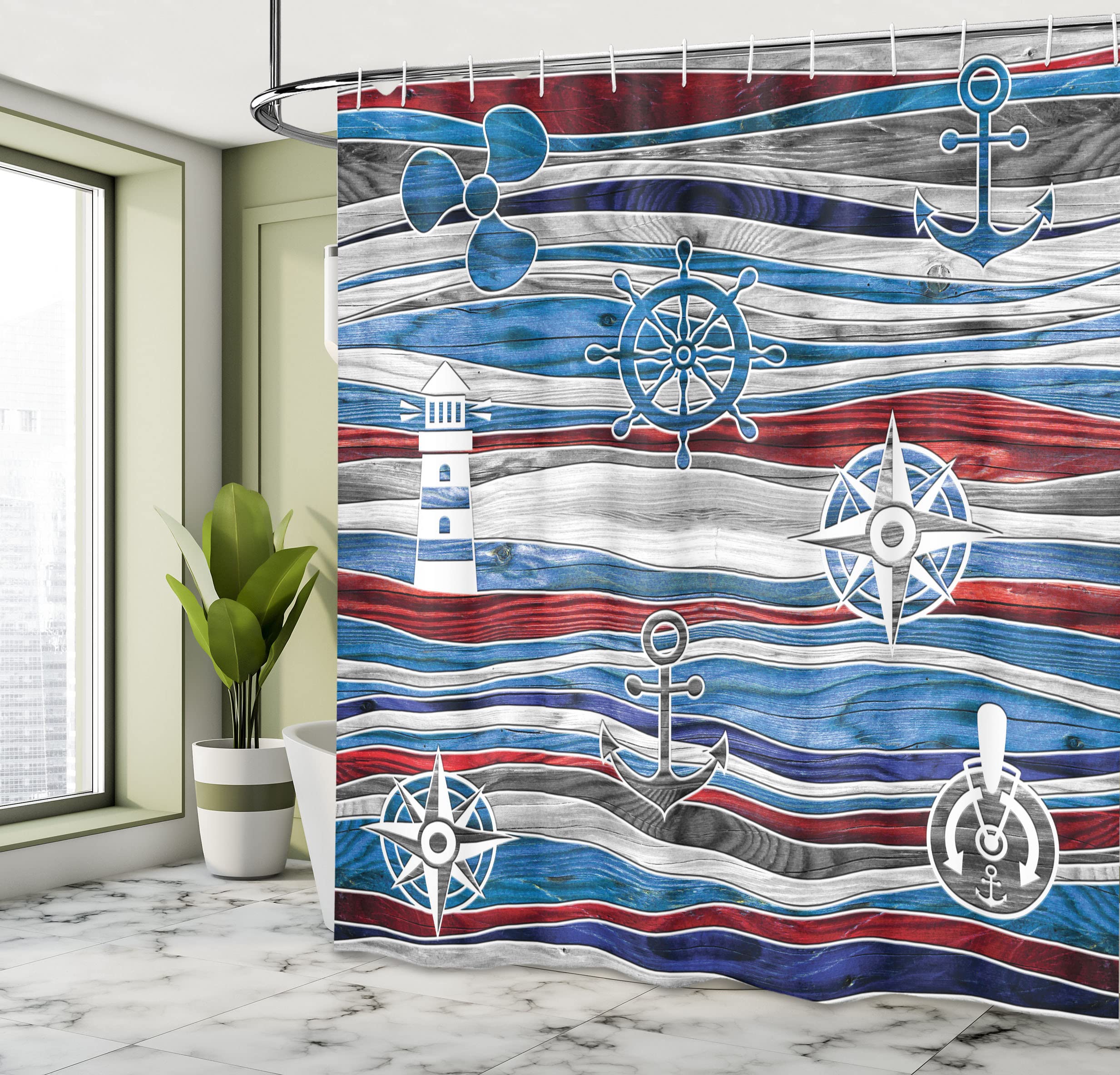 Ambesonne Nautical Anchor Shower Curtain - Boat Anchor Lighthouse & Compass Design on Ocean Waves, 69x75 Inch Waterproof Fabric Bathroom Decor with Hooks (Grey Red) - Perfect for Beach Theme Bathrooms & Coastal Home Decor
