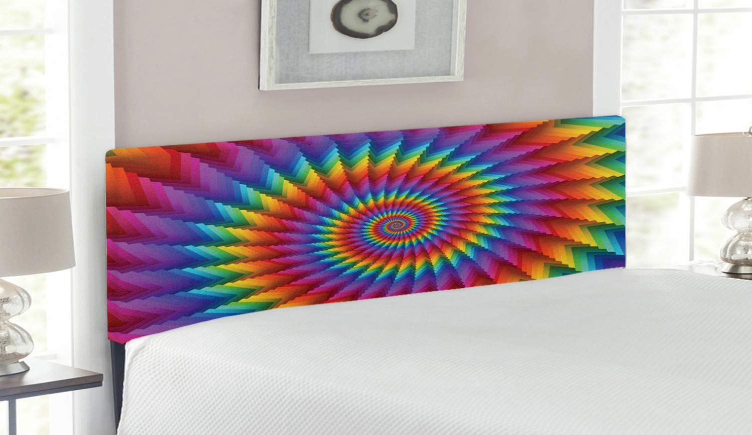 Ambesonne Psychedelic Rainbow Spiral Headboard - Vibrant Color Optical Illusion Upholstered Metal Bed Frame with Memory Foam (Queen Size, Multicolor) - Perfect for Bohemian & Hippie Style Bedrooms, Dorm Decor, and Unique Home Furnishings