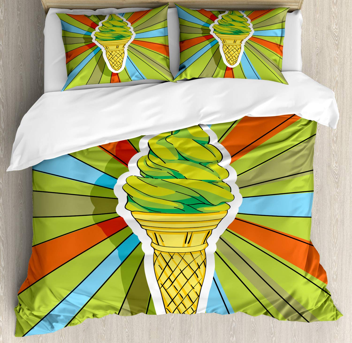 Ambesonne Hand Drawn Ice Cream Cone Duvet Cover Set - 2 King Size Duvet Covers & 4 Pillowcases, Vibrant Lime Green Multicolor Art Bedding - Perfect for Kids' Rooms, Summer Decor & Ice Cream Themed Bedrooms