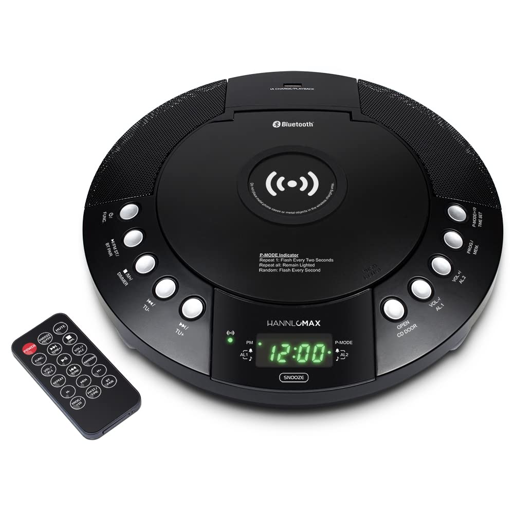 HANNLOMAX HX-329CD Wireless Charging CD Player with Bluetooth, FM Radio, Digital Clock & Dual Alarm - Green LED Display, USB/Aux-in Port, Remote Control - Perfect for Bedroom, Office & Car Use
