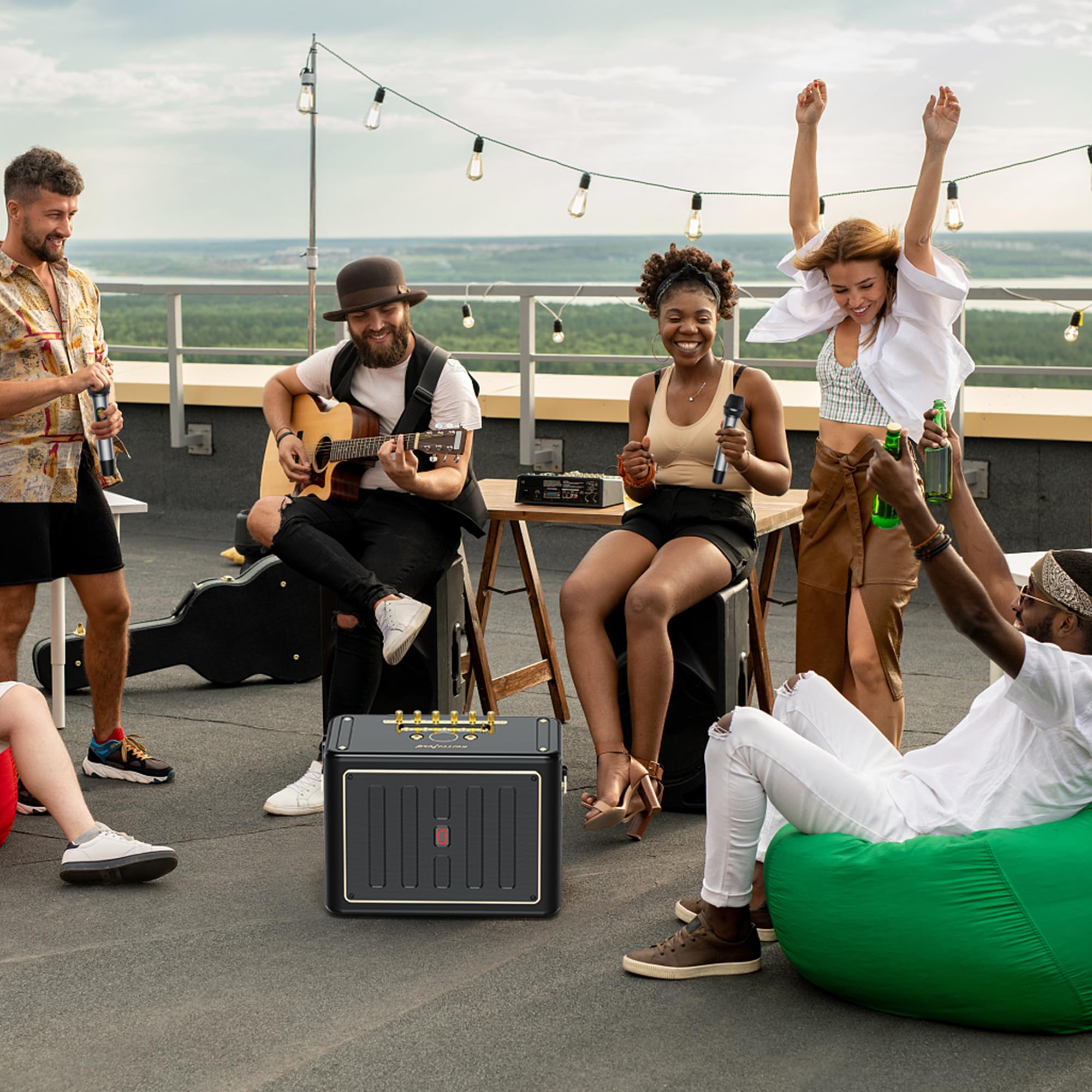JYX Portable Bluetooth Karaoke Machine with 2 Wireless Microphones - PA System with Bass/Treble Control, TV/Bluetooth/USB/TF/AUX Connectivity for Home Parties, Outdoor Gatherings & Family Entertainment
