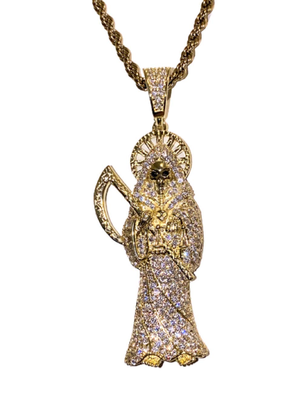925 Sterling Silver Santa Muerte Pendant with Gold Finish & Iced Out Design - 2mm Stainless Steel Rope Chain Necklace for Men & Women - Perfect for Gifts, Everyday Wear, and Spiritual Protection Jewelry