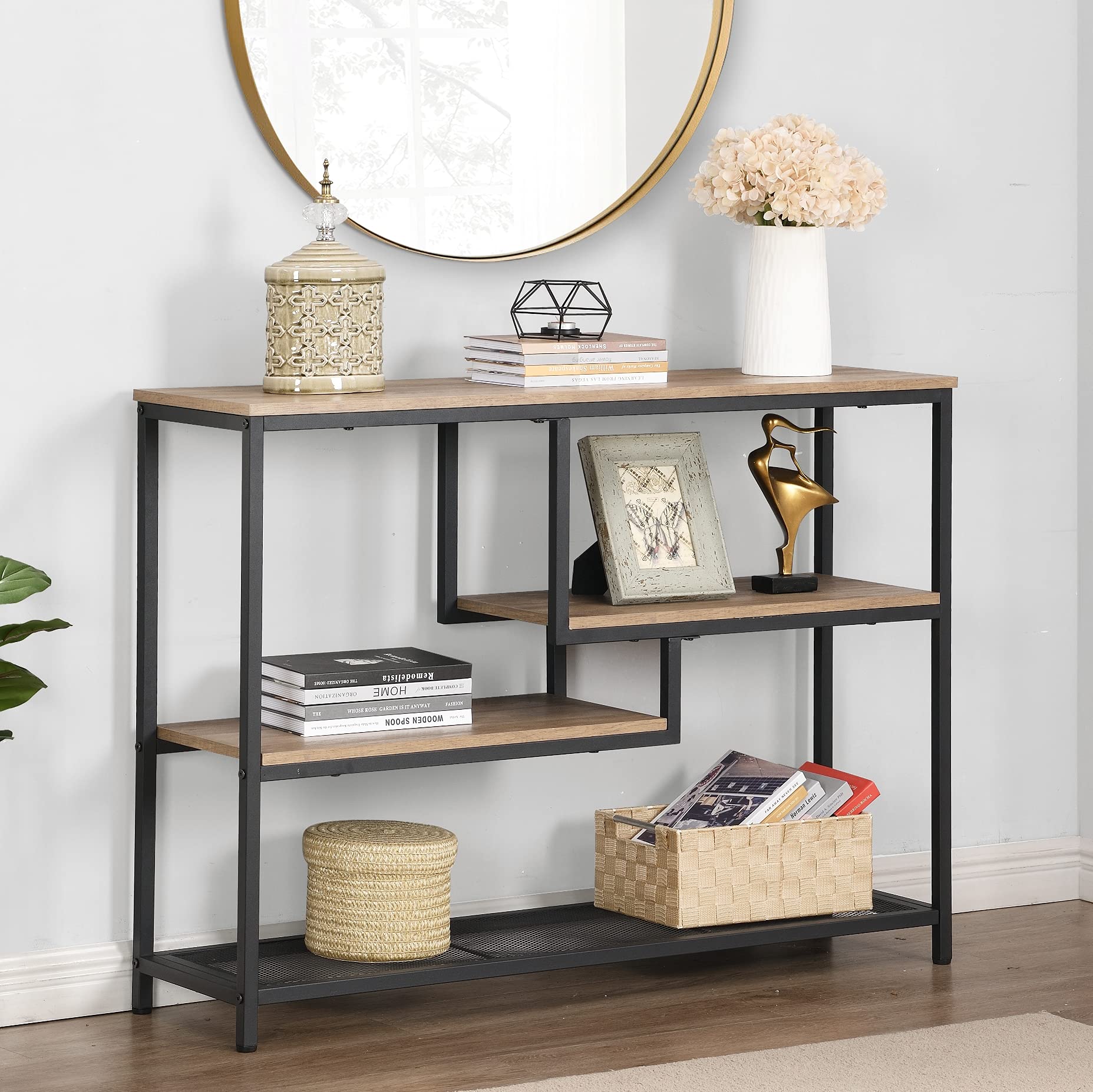 Rustic Oak Narrow Console Table with Storage Shelves - Entryway, Hallway & Living Room Furniture - Perfect for Small Spaces, Home Decor & Organization