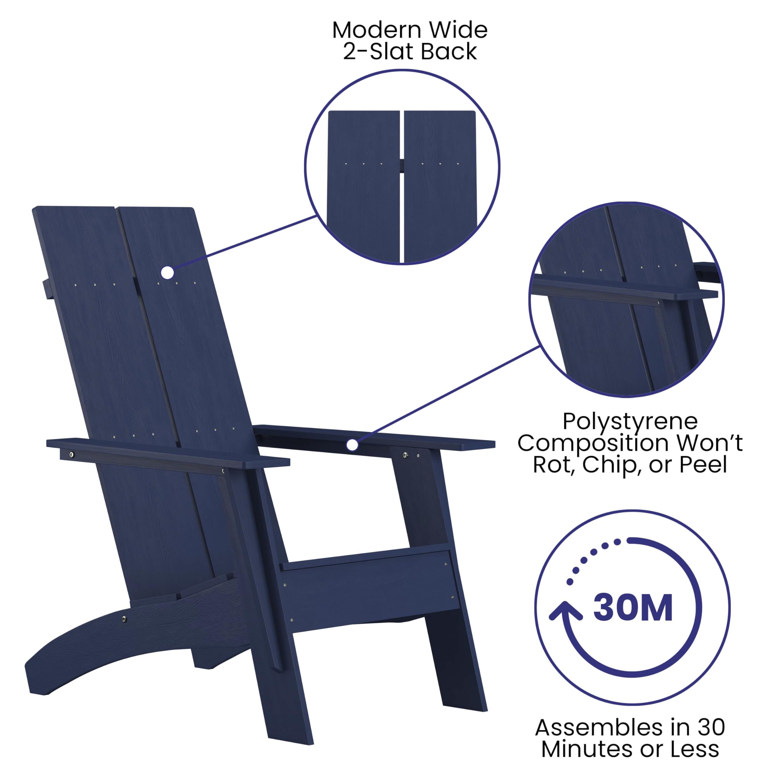 Emma & Oliver Set of 2 Navy Blue Modern Adirondack Chairs - Dual Slat Back Design for Indoor & Outdoor Use - Perfect for Patio, Garden, Poolside and Porch Relaxation