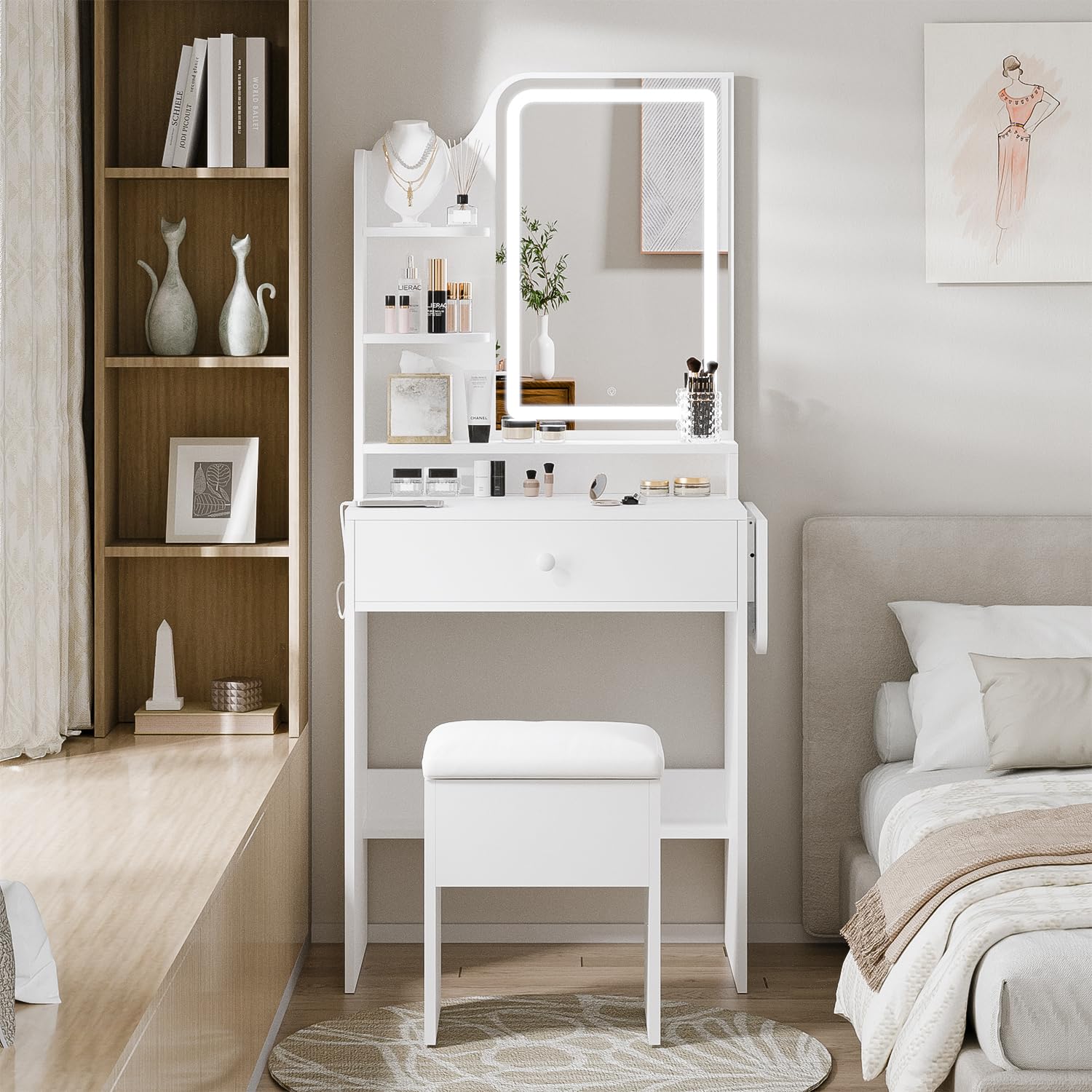 Haewon White Small Vanity Desk Set with Mirror & LED Lights - Compact Makeup Table with Charging Station, Storage & Chair - Perfect for Small Bedrooms, Dorm Rooms & Apartment Beauty Stations