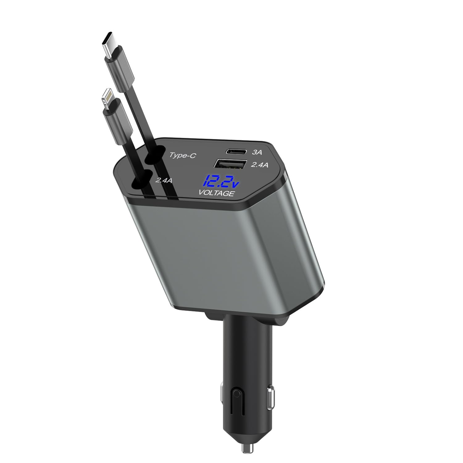 66W 4-in-1 Retractable Car Charger for iPhone 16/15/14/13/12/11 & iPad Pro/Air/Mini - Dual USB Ports (Type C & A) with 2 Retractable Cables (Lightning & USB-C) | Fast Charging for Road Trips & Commuting