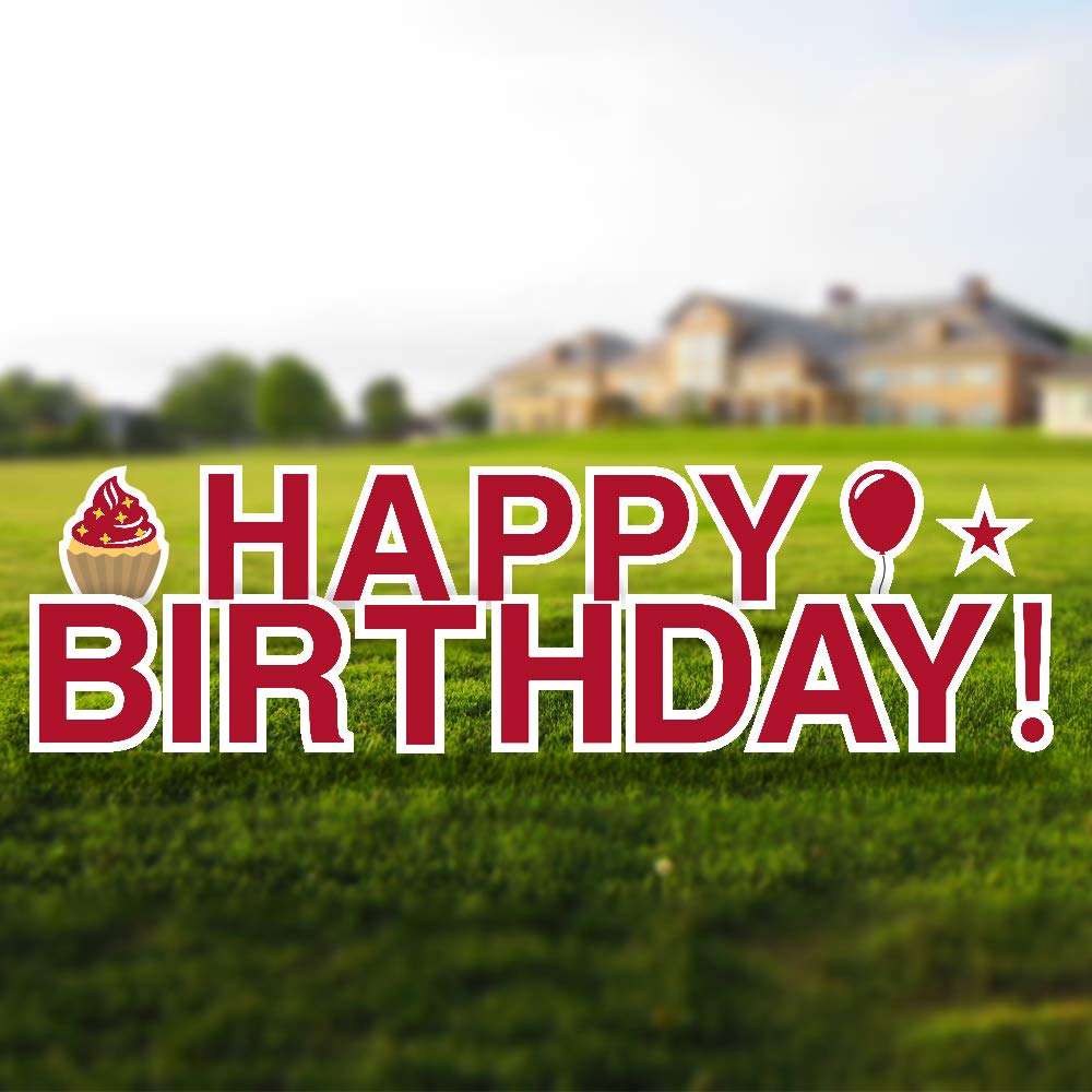 Happy Birthday Yard Signs with Stakes - 18in Tall Letters, Bonus Star Cupcake Balloon Decor - Weatherproof Outdoor Party Decorations for Birthdays, Anniversaries & Celebrations (Dark Red)