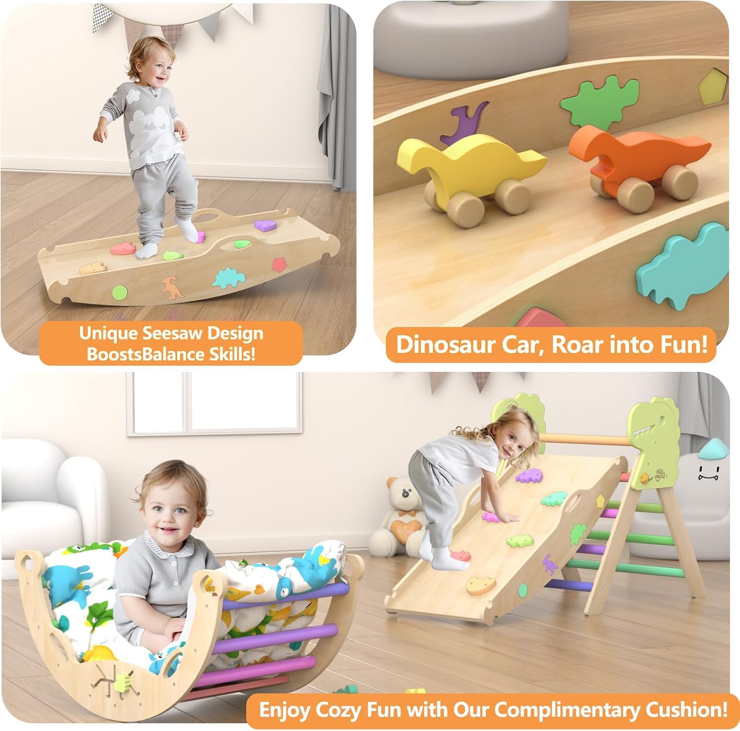 Pikler Triangle Set with Cushion - 9-in-1 Montessori Climbing Gym for Toddlers 1-3 Years | Wooden Climbing Toys with Maze, Shape Sorter & Dinosaur Car | Indoor Play Equipment for Early Childhood Development & Active Play