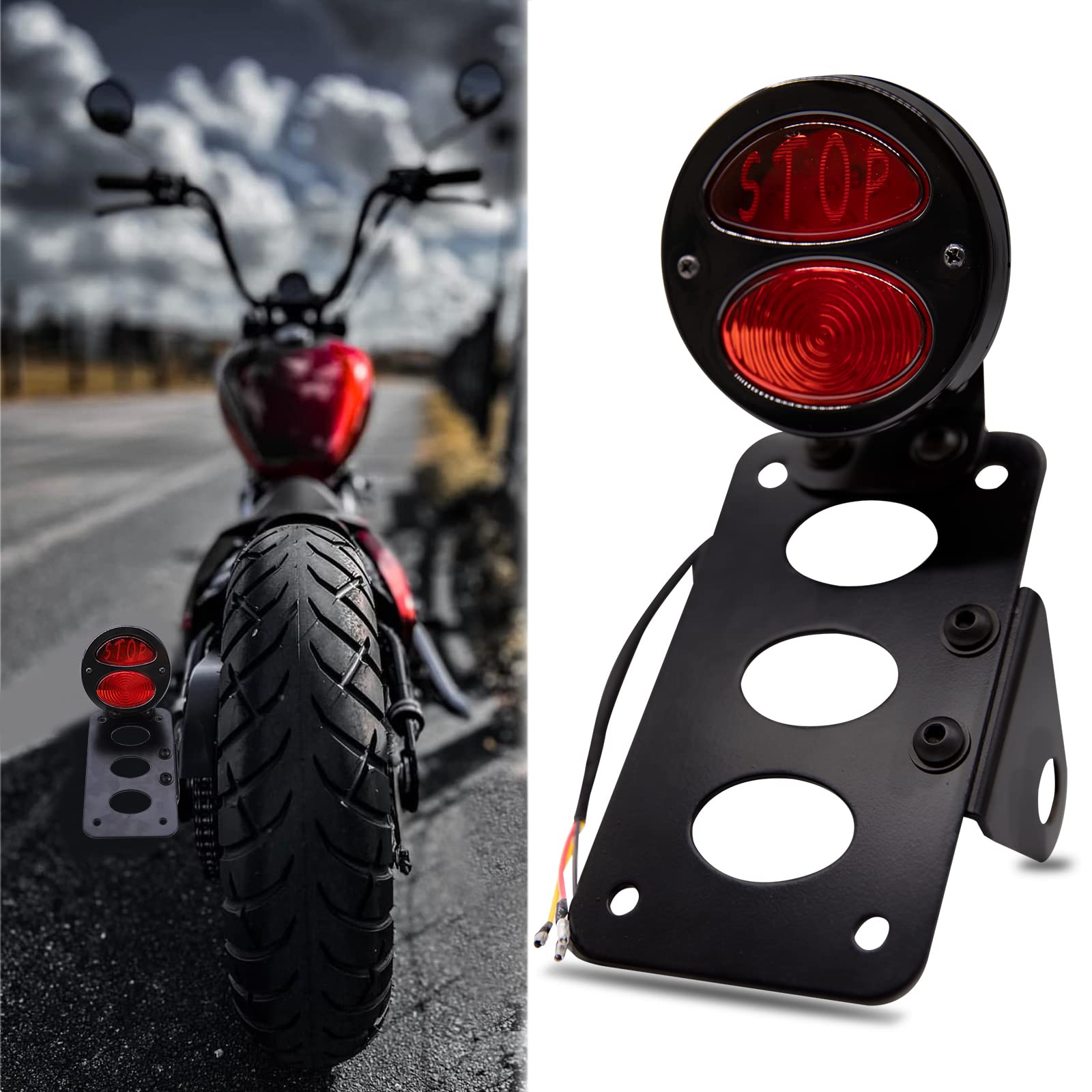 Universal 12V Motorcycle Tail Lights with Side License Plate Bracket - Waterproof Aluminum Brake Lights with Integrated Stop Light for Harley Sportster 883 1200, Cruiser, Bobber & Chopper Bikes - Perfect for Night Riding & Custom Bike Builds