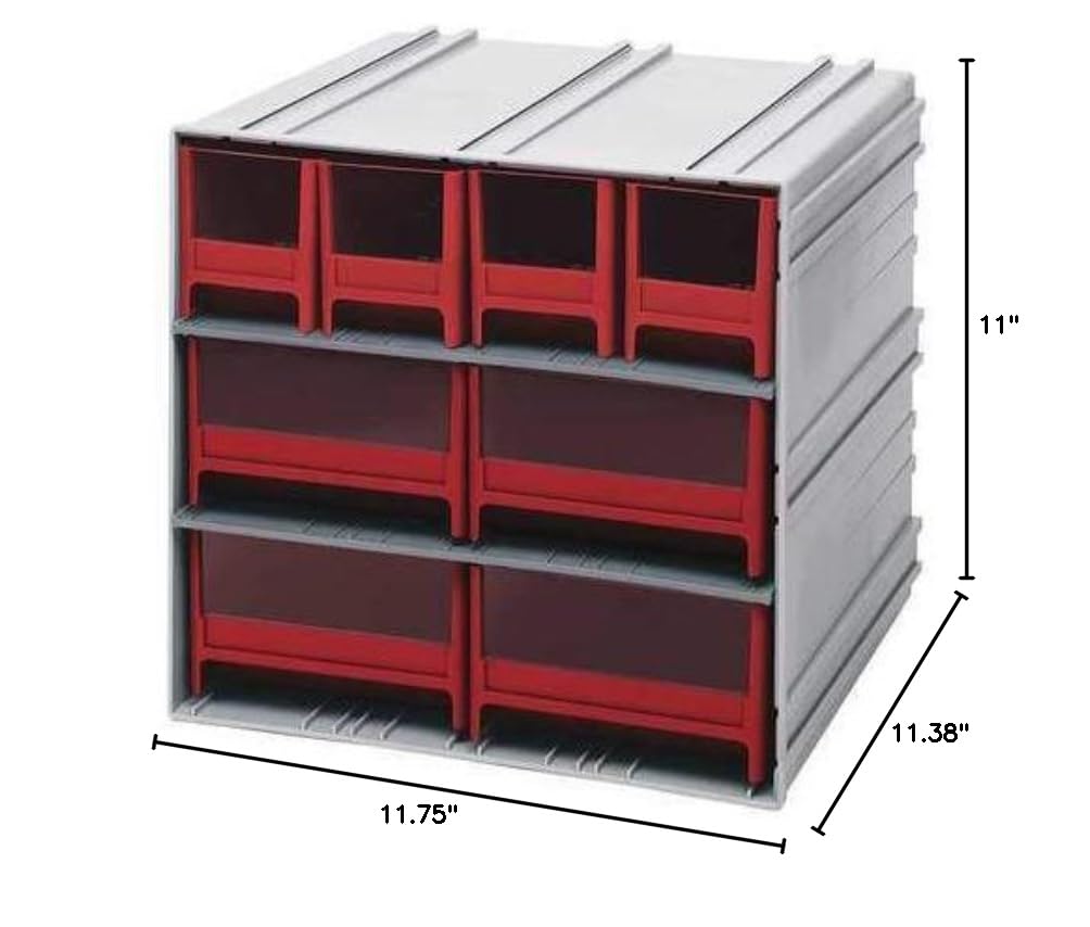 Quantum QIC-4244RD 8-Drawer Interlocking Gray Storage Cabinet with Red Drawers - 11.38