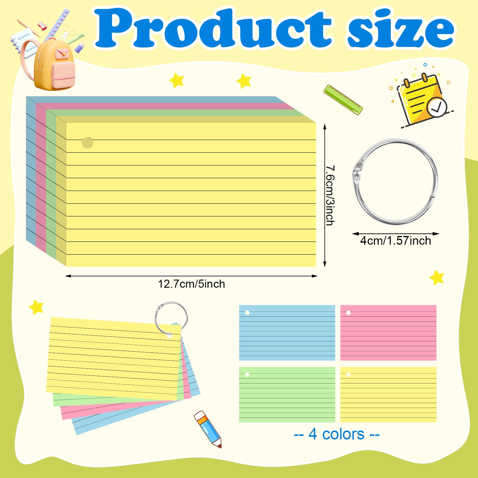 Colorful 3x5 Inch Index Cards with Ring - 200 Count Lined Flash Cards for Studying, School & College Supplies | Perfect for Note-Taking, Memorization & Exam Prep
