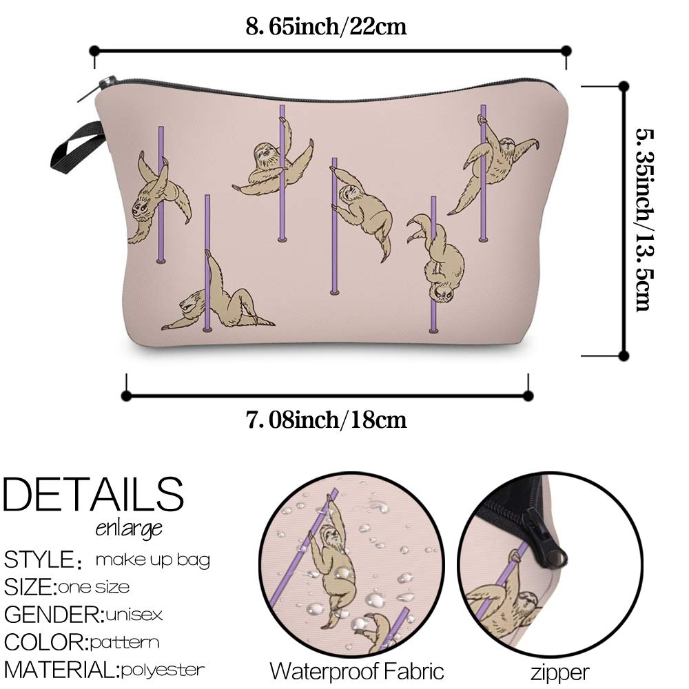 LOOMILOO Waterproof Cosmetic Bag for Women - Large Roomy Makeup Organizer, Travel Toiletry Pouch with Cute Sloth Design (Pole Dance Sloth 51819) - Perfect for Gym, Travel, and Daily Beauty Storage