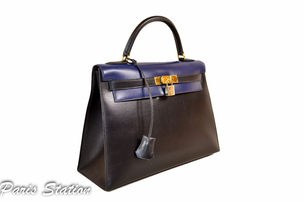 Authentic Hermes Kelly Sellier 32 Handbag in Blue & Black - Luxury Bi-Color Leather Shoulder Bag for Women | Perfect for Work, Evening Events & Special Occasions