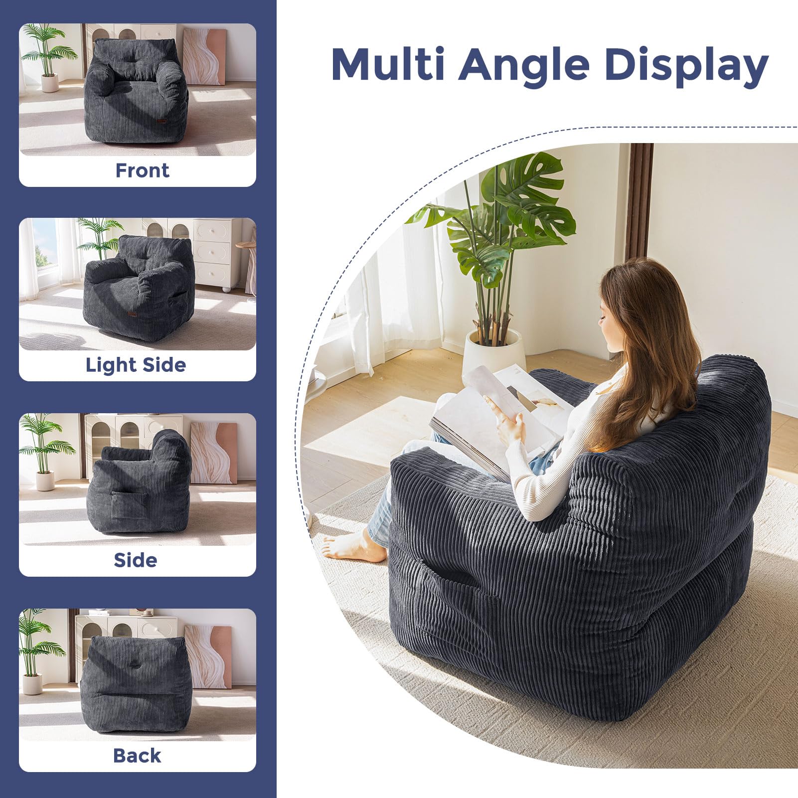 MAXYOYO Tufted Corduroy Bean Bag Chair with Filler - Oversized Lazy Sofa for Adults & Teens, Dark Grey - Perfect for Living Room, Bedroom & Game Room Relaxation