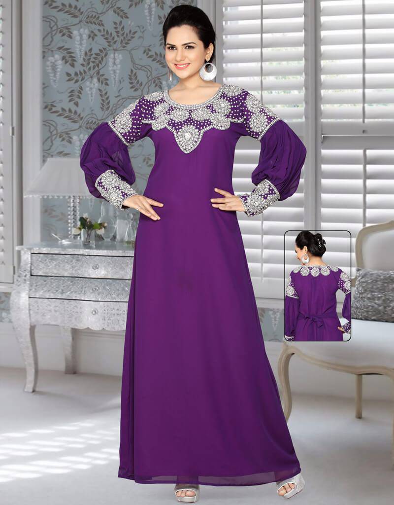 Elegant A-Line Dubai Style Kaftan with Silver Embroidery - Perfect for Parties, Weddings & Special Occasions