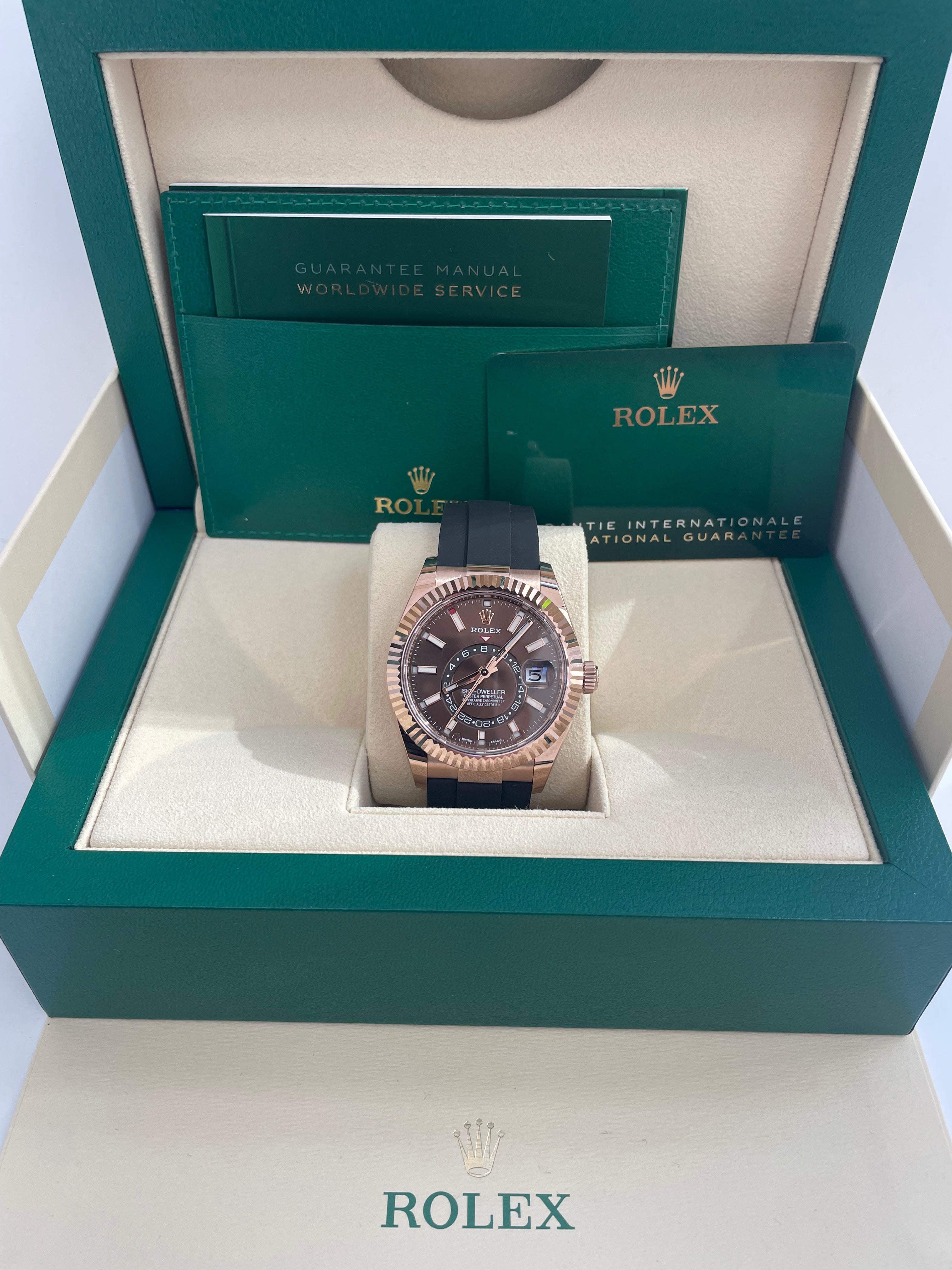 Rolex Sky-Dweller 42mm Rose Gold Watch with Chocolate Index Dial & Oysterflex Bracelet (Ref #326235) - Luxury Timepiece for Business Travelers & Watch Collectors