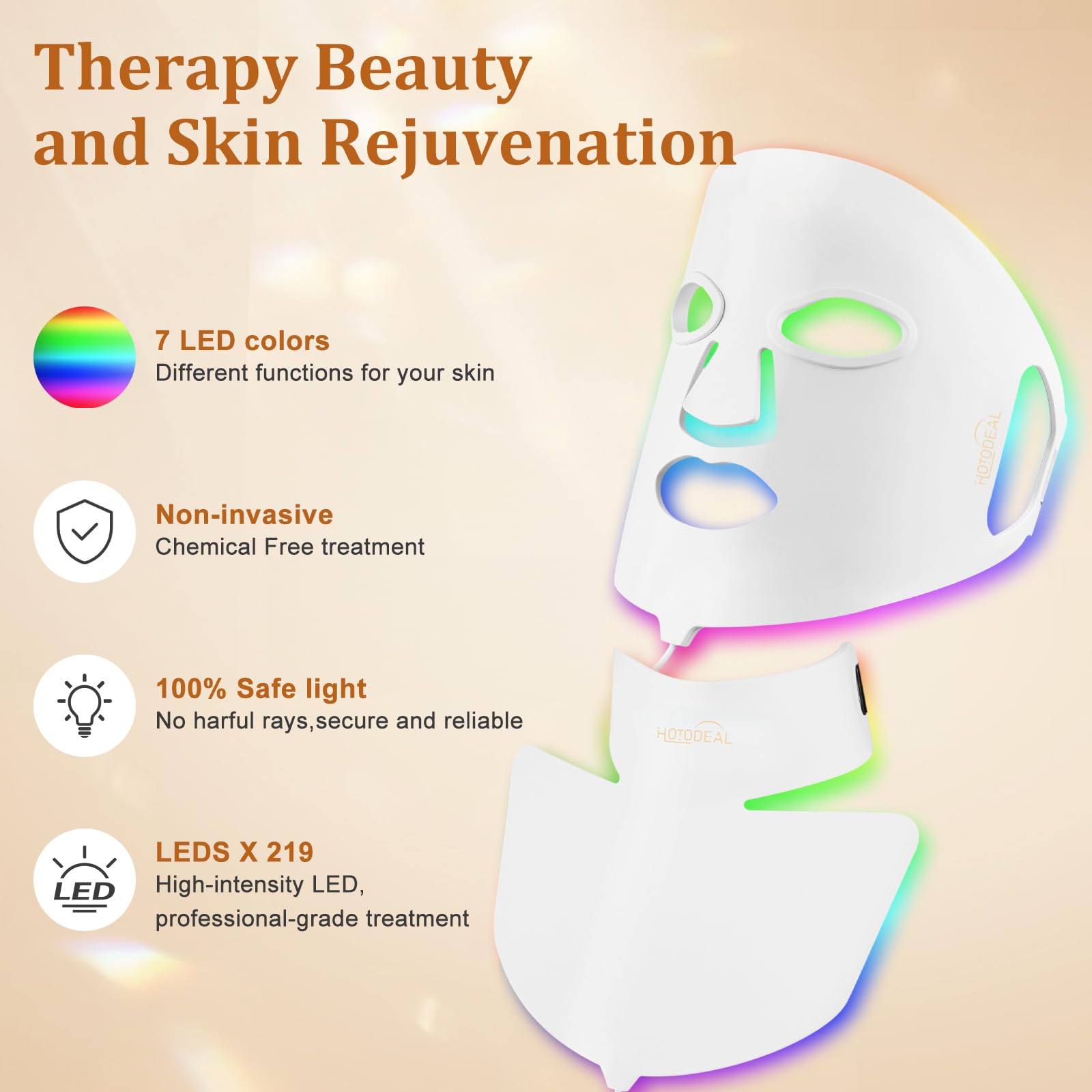 Hotodeal 7-Color LED Face Mask Light Therapy for Skin Rejuvenation & Anti-Aging - Silicone Foldable Facial Mask with Neck Coverage | Portable Red Light Therapy Device for Home Spa, Acne Treatment & Wrinkle Reduction