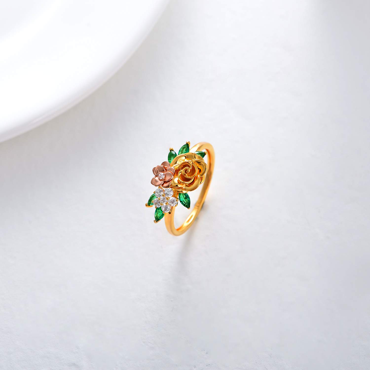 10K Real Gold Rose Flower Leaf Ring for Women - Yellow & Rose Gold Moissanite Three Flower Ring, Elegant Anniversary & Birthday Gift for Mom, Wife, Girlfriend | Perfect for Weddings, Date Nights & Special Occasions