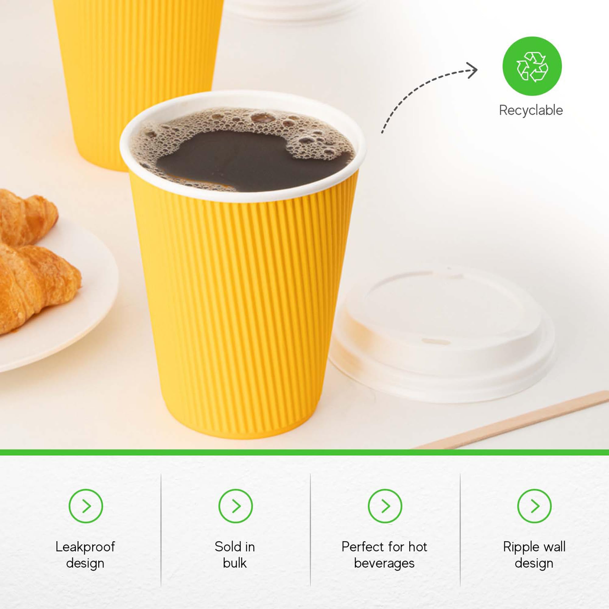 12oz Disposable Coffee Cups - 500 Pack Insulated Ripple Wall Hot Cups for Coffee & Tea | Rolled Rim, Yellow Paper | Lids Sold Separately | Perfect for Cafes, Offices & Events