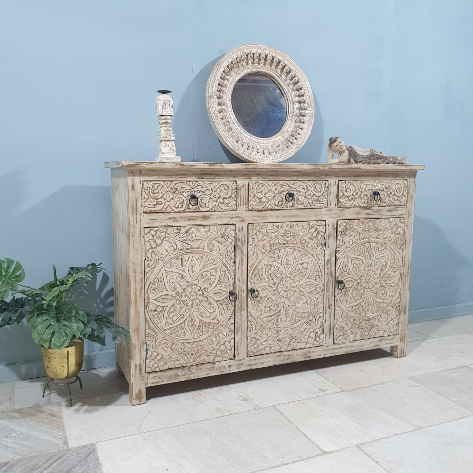 Handmade Carved Indian Mango Wood Sideboard - 3 Drawers & 3 Doors - Cream Wash Finish | Rustic Dining Room Buffet Cabinet for Home Decor & Storage