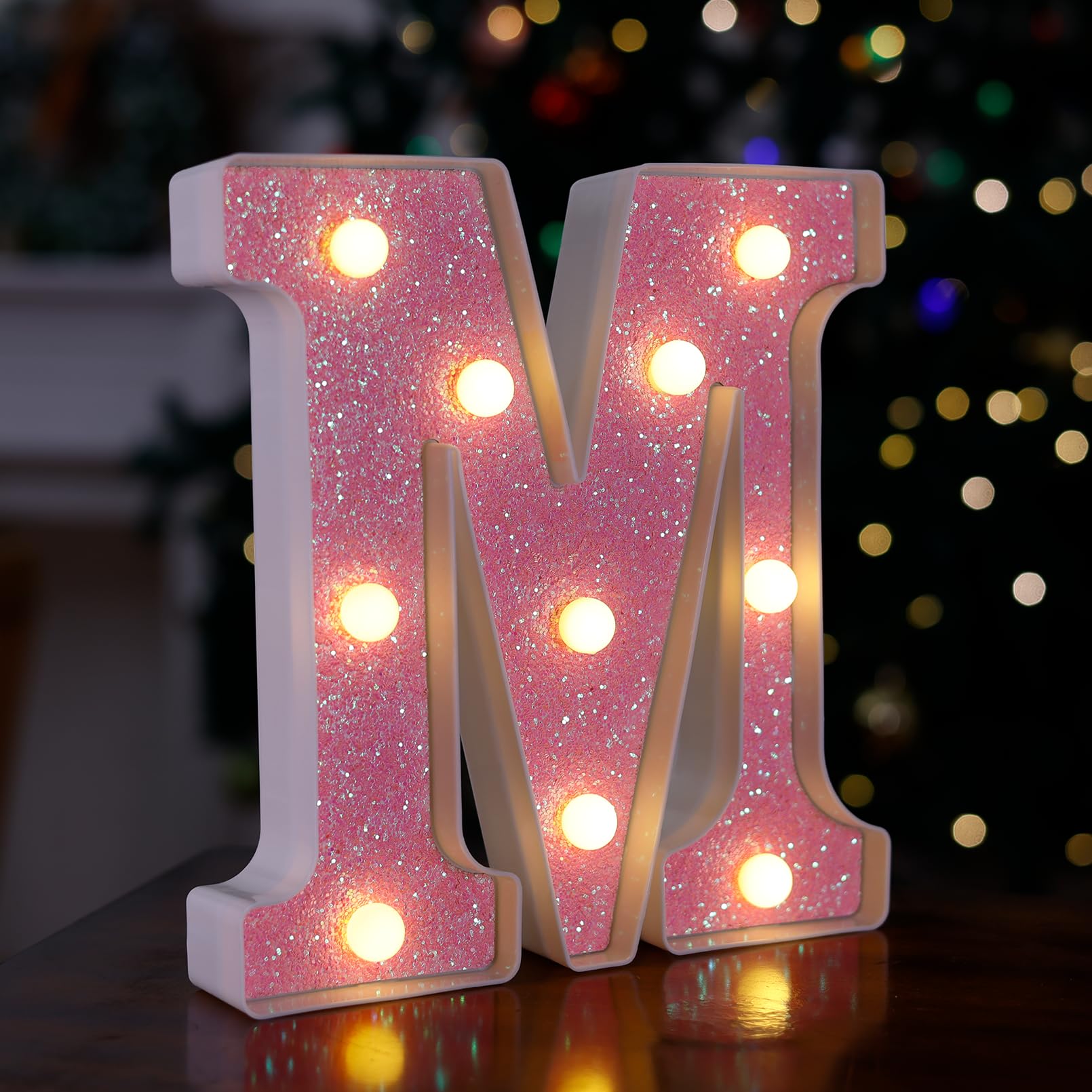 Pink Glitter LED Marquee Letter M - Battery Powered Light Up Alphabet Sign for Home, Party, Wedding, Birthday & Christmas Decor - Perfect for Girls Room, Bar & Night Decorations